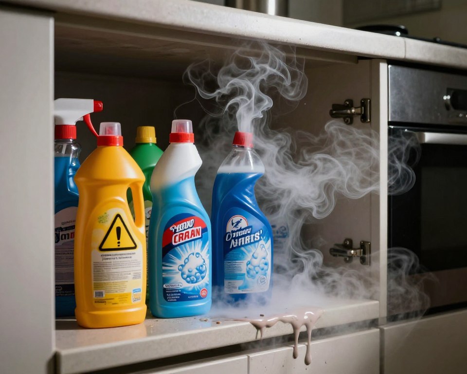 A dramatic scene illustrating the dangers of mixing different drain cleaners. In the foreground, an open cabinet reveals a collection of brightly colored cleaning bottles, some with warning labels and hazard symbols clearly visible. A thick, toxic-looking vapor emerges from one bottle, swirling ominously, while another seems to bubble dangerously. In the middle, a close-up on a damp, cluttered countertop with spilled cleaner creating a hazardous puddle. In the background, a dimly lit kitchen with shadows creeping in, emphasizing the mood of danger and caution. The lighting is stark and dramatic, casting strong contrasts to highlight the bottle colors and the hazardous vapors. Capture a sense of foreboding to emphasize the risks involved in mixing cleaning products. A dramatic scene illustrating the dangers of mixing different drain cleaners. In the foreground, an open cabinet reveals a collection of brightly colored cleaning bottles, some with warning labels and hazard symbols clearly visible. A thick, toxic-looking vapor emerges from one bottle, swirling ominously, while another seems to bubble dangerously. In the middle, a close-up on a damp, cluttered countertop with spilled cleaner creating a hazardous puddle. In the background, a dimly lit kitchen with shadows creeping in, emphasizing the mood of danger and caution. The lighting is stark and dramatic, casting strong contrasts to highlight the bottle colors and the hazardous vapors. Capture a sense of foreboding to emphasize the risks involved in mixing cleaning products.