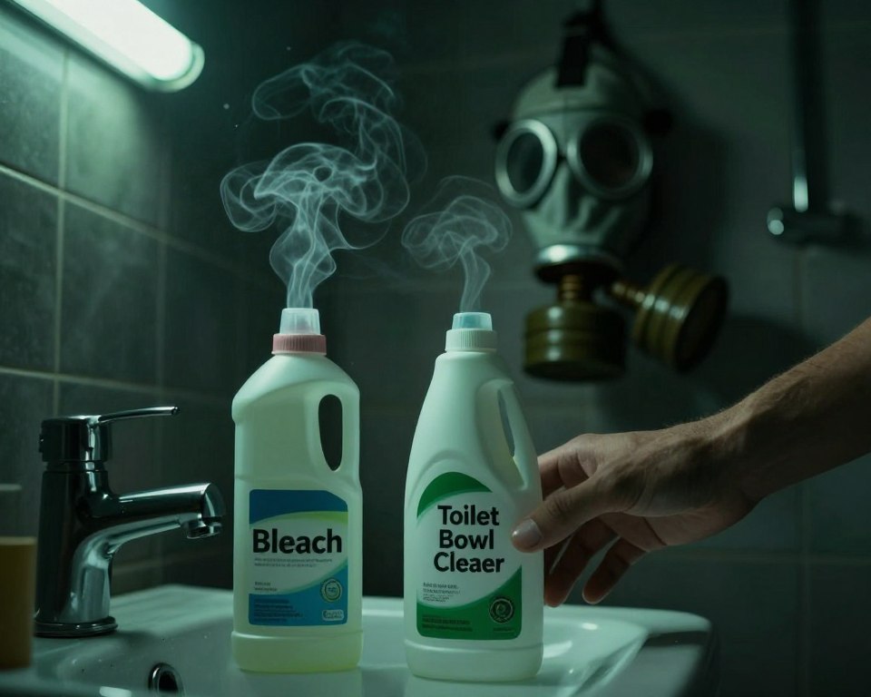 A dramatic scene showcasing the dangers of mixing bleach with toilet bowl cleaner. In the foreground, a cautionary image of two bottles—one labeled "Bleach" and the other "Toilet Bowl Cleaner"—with ominous fumes swirling above, taking on a greenish hue. A slightly blurred hand is seen about to reach for one of the bottles, symbolizing the potential dangers. In the middle ground, a darkened bathroom environment emphasizes the toxicity, with shadows cast by flickering fluorescent lights. The background features an ominous gas mask hanging on the wall, hinting at possible health risks. The lighting is stark and clinical, with high contrast to create a tense atmosphere. The overall mood is unsettling, reinforcing the serious message about chemical safety. A dramatic scene showcasing the dangers of mixing bleach with toilet bowl cleaner. In the foreground, a cautionary image of two bottles—one labeled "Bleach" and the other "Toilet Bowl Cleaner"—with ominous fumes swirling above, taking on a greenish hue. A slightly blurred hand is seen about to reach for one of the bottles, symbolizing the potential dangers. In the middle ground, a darkened bathroom environment emphasizes the toxicity, with shadows cast by flickering fluorescent lights. The background features an ominous gas mask hanging on the wall, hinting at possible health risks. The lighting is stark and clinical, with high contrast to create a tense atmosphere. The overall mood is unsettling, reinforcing the serious message about chemical safety.