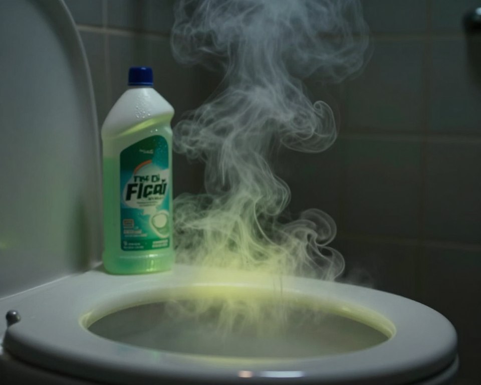 A dynamic, close-up scene depicting harmful fumes rising from a mix of bleach and toilet bowl cleaner in a bathroom setting. In the foreground, a translucent cloud of noxious gas swirls above a toilet bowl, with colors shifting from greenish-yellow to dark gray, emphasizing toxicity. In the middle ground, a bottle of bleach and a bottle of toilet bowl cleaner sit next to each other, their labels partially visible but not readable, with a slight condensation hinting at danger. The background features a dimly lit bathroom, with shadowy tiles that enhance the menacing atmosphere. Soft overhead lighting casts an eerie glow on the fumes, capturing the viewer's attention and evoking a sense of urgency and caution. A dynamic, close-up scene depicting harmful fumes rising from a mix of bleach and toilet bowl cleaner in a bathroom setting. In the foreground, a translucent cloud of noxious gas swirls above a toilet bowl, with colors shifting from greenish-yellow to dark gray, emphasizing toxicity. In the middle ground, a bottle of bleach and a bottle of toilet bowl cleaner sit next to each other, their labels partially visible but not readable, with a slight condensation hinting at danger. The background features a dimly lit bathroom, with shadowy tiles that enhance the menacing atmosphere. Soft overhead lighting casts an eerie glow on the fumes, capturing the viewer's attention and evoking a sense of urgency and caution.