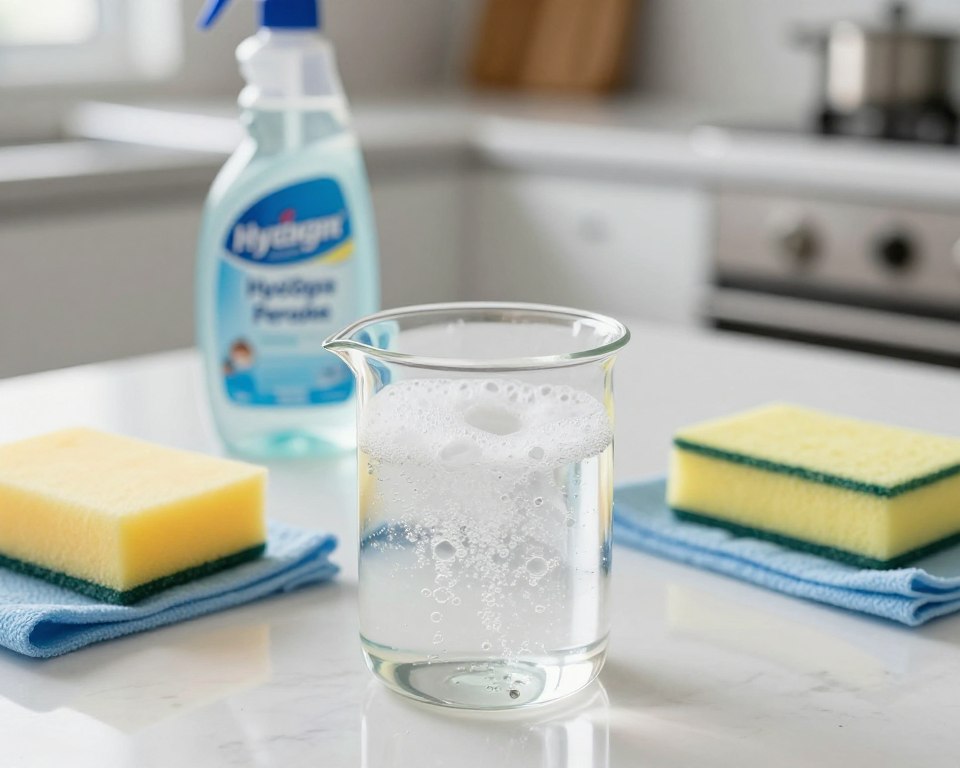 A dynamic workspace showcasing a chemical reaction between hydrogen peroxide and vinegar as a cleaning solution. In the foreground, a close-up of a glass beaker filled with bubbling liquid, with effervescent foam rising and tiny bubbles forming on the surface, indicating an active reaction. The middle ground features various cleaning tools, such as sponges and cloths, strategically placed to suggest practical use. In the background, a well-lit kitchen counter with gleaming surfaces highlights the effectiveness of the cleaning process. Use soft, natural lighting to create a bright and optimistic atmosphere, emphasizing cleanliness and safety. The angle should be slightly tilted down to capture the vivid action in the beaker while keeping the cleaning tools in focus. A dynamic workspace showcasing a chemical reaction between hydrogen peroxide and vinegar as a cleaning solution. In the foreground, a close-up of a glass beaker filled with bubbling liquid, with effervescent foam rising and tiny bubbles forming on the surface, indicating an active reaction. The middle ground features various cleaning tools, such as sponges and cloths, strategically placed to suggest practical use. In the background, a well-lit kitchen counter with gleaming surfaces highlights the effectiveness of the cleaning process. Use soft, natural lighting to create a bright and optimistic atmosphere, emphasizing cleanliness and safety. The angle should be slightly tilted down to capture the vivid action in the beaker while keeping the cleaning tools in focus.