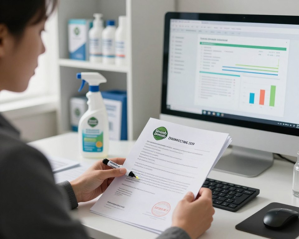 A focused scene depicting a professional workspace that analyzes safety certifications for Seventh Generation Disinfecting Spray. In the foreground, a person dressed in business attire is shown intently examining a stack of certification documents, with a highlighter in hand. The middle layer features a modern desktop computer displaying safety metrics and graphs related to the product. In the background, a shelf filled with Seventh Generation products and safety certification logos is visible. Soft, natural lighting from a nearby window illuminates the workspace, creating a calm and serious atmosphere. The angle is slightly above eye level, providing a clear view of the documents and workspace while conveying a sense of professionalism and diligence in product safety analysis. A focused scene depicting a professional workspace that analyzes safety certifications for Seventh Generation Disinfecting Spray. In the foreground, a person dressed in business attire is shown intently examining a stack of certification documents, with a highlighter in hand. The middle layer features a modern desktop computer displaying safety metrics and graphs related to the product. In the background, a shelf filled with Seventh Generation products and safety certification logos is visible. Soft, natural lighting from a nearby window illuminates the workspace, creating a calm and serious atmosphere. The angle is slightly above eye level, providing a clear view of the documents and workspace while conveying a sense of professionalism and diligence in product safety analysis.