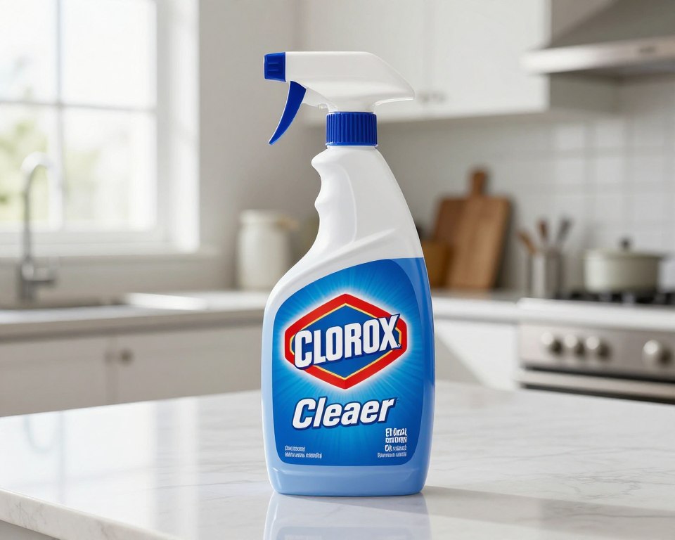 A highly detailed Clorox Cleaner with Bleach bottle prominently displayed in the foreground, its bright blue and white label clearly visible, showcasing the product’s iconic design. The middle ground features a clean kitchen countertop with shining surfaces, emphasizing the cleaner's intended use. In the background, soft-focus elements of a residential home, such as a window with natural light pouring in, create an inviting atmosphere. The lighting is bright and crisp, highlighting the product’s clarity and freshness. The angle is slightly tilted, providing a dynamic view of the product, and the overall mood is clean, sterile, and professional, aligning with themes of safety and cleanliness. No people present in the image, ensuring a focus on the product. A highly detailed Clorox Cleaner with Bleach bottle prominently displayed in the foreground, its bright blue and white label clearly visible, showcasing the product’s iconic design. The middle ground features a clean kitchen countertop with shining surfaces, emphasizing the cleaner's intended use. In the background, soft-focus elements of a residential home, such as a window with natural light pouring in, create an inviting atmosphere. The lighting is bright and crisp, highlighting the product’s clarity and freshness. The angle is slightly tilted, providing a dynamic view of the product, and the overall mood is clean, sterile, and professional, aligning with themes of safety and cleanliness. No people present in the image, ensuring a focus on the product.