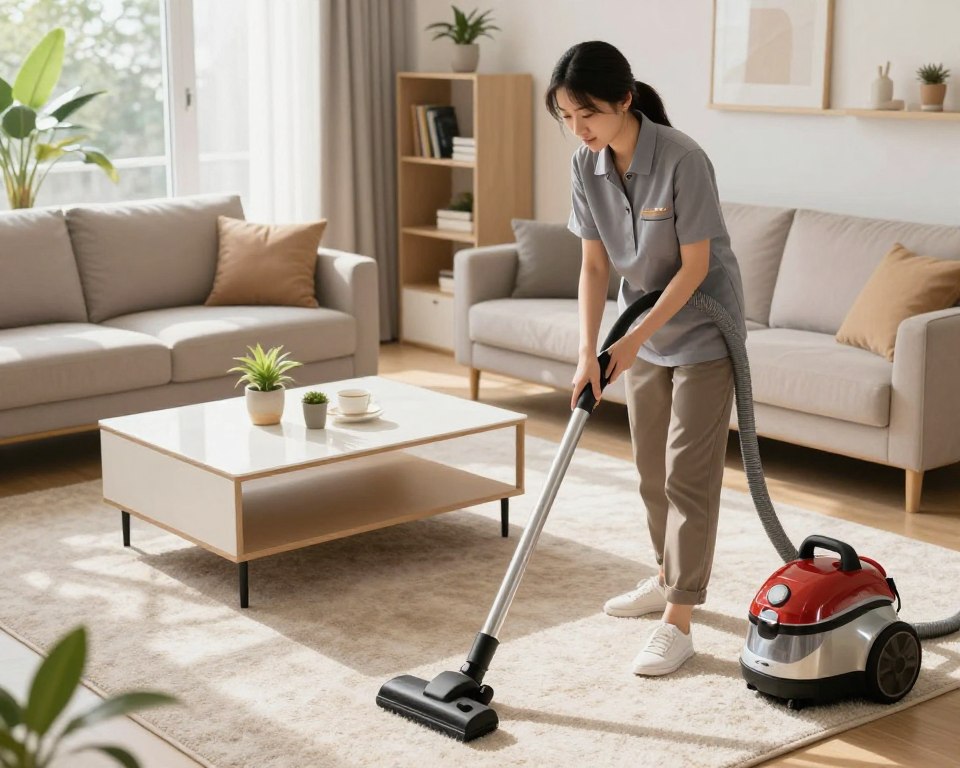 A modern and well-lit living room being professionally cleaned. In the foreground, a professional cleaner in a branded uniform is using a vacuum cleaner on a plush carpet, wearing modest casual attire to maintain a professional appearance. In the middle, tidy shelves and a spotless coffee table enhance the sense of cleanliness and order. In the background, large windows allow natural light to flood the room, highlighting the sparkling surfaces. The atmosphere is calm and inviting, with plants strategically placed for a touch of warmth. The angle is slightly overhead, capturing both the cleaner's diligent work and the tidy environment. Soft natural light casts gentle shadows, emphasizing the fresh, clean look of the space. A modern and well-lit living room being professionally cleaned. In the foreground, a professional cleaner in a branded uniform is using a vacuum cleaner on a plush carpet, wearing modest casual attire to maintain a professional appearance. In the middle, tidy shelves and a spotless coffee table enhance the sense of cleanliness and order. In the background, large windows allow natural light to flood the room, highlighting the sparkling surfaces. The atmosphere is calm and inviting, with plants strategically placed for a touch of warmth. The angle is slightly overhead, capturing both the cleaner's diligent work and the tidy environment. Soft natural light casts gentle shadows, emphasizing the fresh, clean look of the space.