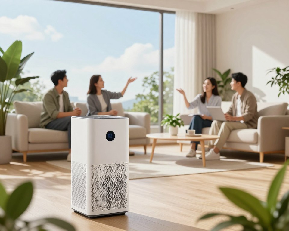 A modern indoor room with a large window showcasing fresh air flow, emphasizing the importance of ventilation for indoor air quality. In the foreground, a stylish air purifier sits on a sleek table, with soft green plants surrounding it to symbolize freshness. The middle ground features a cozy seating area with professionally dressed individuals casually discussing indoor air quality, gesturing towards the window. The background exhibits light streaming in through the window, creating a warm and inviting atmosphere, with clear skies visible outside. The lighting is bright and natural, evoking a clean and refreshing feel, captured from a slightly elevated angle to emphasize space and openness. A modern indoor room with a large window showcasing fresh air flow, emphasizing the importance of ventilation for indoor air quality. In the foreground, a stylish air purifier sits on a sleek table, with soft green plants surrounding it to symbolize freshness. The middle ground features a cozy seating area with professionally dressed individuals casually discussing indoor air quality, gesturing towards the window. The background exhibits light streaming in through the window, creating a warm and inviting atmosphere, with clear skies visible outside. The lighting is bright and natural, evoking a clean and refreshing feel, captured from a slightly elevated angle to emphasize space and openness.
