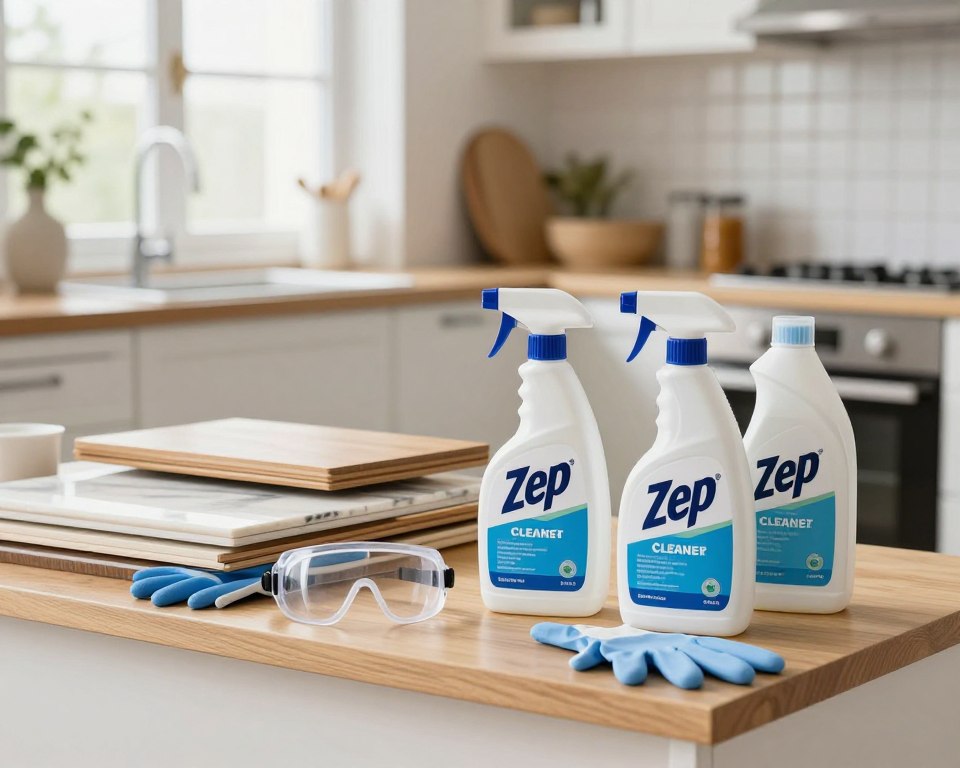 A modern indoor setting showcasing Zep Cleaner precautions for safe indoor use. In the foreground, a well-organized cleaner's station with Zep Cleaner bottles prominently displayed alongside safety gloves and goggles. The middle layer features various surfaces like wood, tile, and laminate, clearly indicating compatibility with the Zep product. The background includes a well-lit kitchen environment, with soft, diffused natural light filtering through a window, enhancing the cleanliness of the space. The overall mood is reassuring and informative, evoking a sense of safety and professionalism. Ensure no text or branding is present within the image. A modern indoor setting showcasing Zep Cleaner precautions for safe indoor use. In the foreground, a well-organized cleaner's station with Zep Cleaner bottles prominently displayed alongside safety gloves and goggles. The middle layer features various surfaces like wood, tile, and laminate, clearly indicating compatibility with the Zep product. The background includes a well-lit kitchen environment, with soft, diffused natural light filtering through a window, enhancing the cleanliness of the space. The overall mood is reassuring and informative, evoking a sense of safety and professionalism. Ensure no text or branding is present within the image.