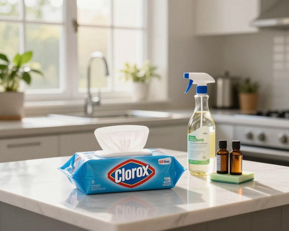 A modern kitchen counter, impeccably organized, featuring a stylish pack of Clorox disinfecting wipes prominently in the foreground. Beside the wipes, a few natural cleaning products, such as vinegar and essential oils, are arranged artistically to suggest a comparison. In the middle ground, a bright and clean kitchen window allows warm, natural light to flood the space, highlighting the cleanliness and freshness of the area. The background shows soft-focus elements like a potted plant and a gleaming sink, adding to the serene ambiance. The atmosphere should evoke a sense of cleanliness and health, with gentle sunlight illuminating the scene to create a welcoming and professional impression, emphasizing the theme of effective cleaning choices in a home environment. A modern kitchen counter, impeccably organized, featuring a stylish pack of Clorox disinfecting wipes prominently in the foreground. Beside the wipes, a few natural cleaning products, such as vinegar and essential oils, are arranged artistically to suggest a comparison. In the middle ground, a bright and clean kitchen window allows warm, natural light to flood the space, highlighting the cleanliness and freshness of the area. The background shows soft-focus elements like a potted plant and a gleaming sink, adding to the serene ambiance. The atmosphere should evoke a sense of cleanliness and health, with gentle sunlight illuminating the scene to create a welcoming and professional impression, emphasizing the theme of effective cleaning choices in a home environment.