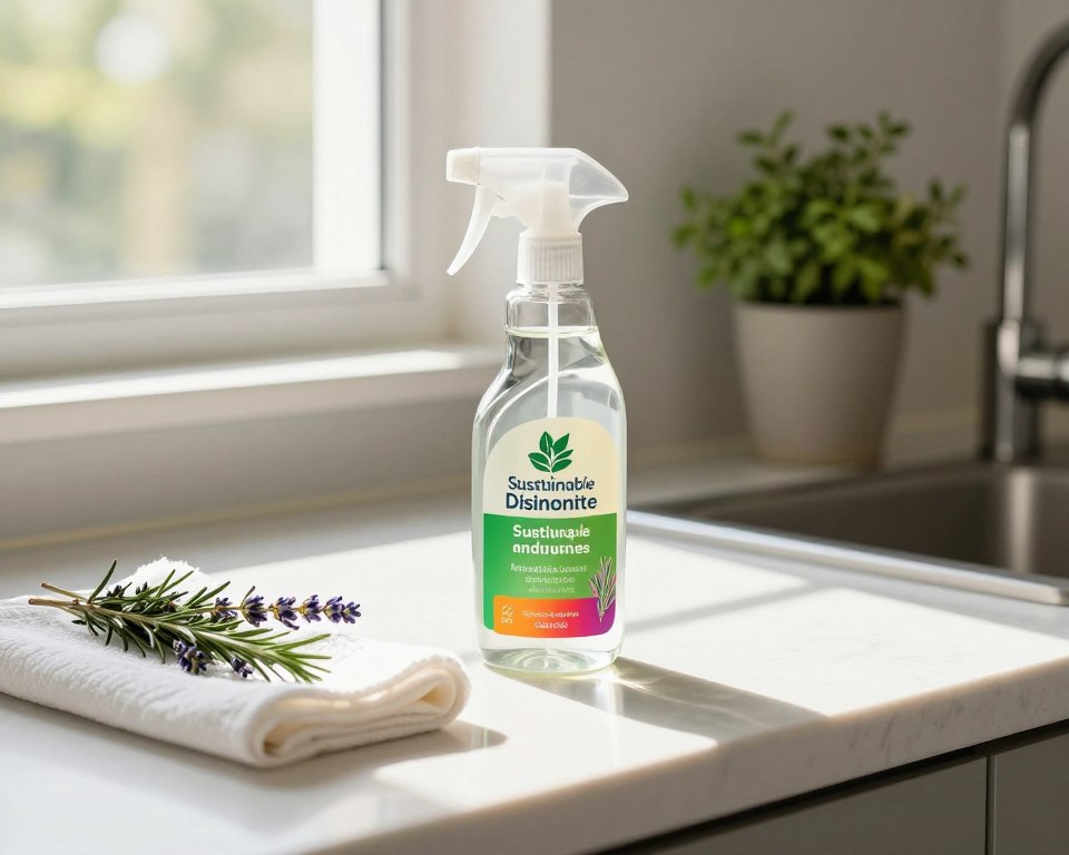A modern kitchen countertop featuring a bottle of sustainable disinfectant spray, designed with eco-friendly packaging and brightly colored labels promoting natural ingredients. In the foreground, there’s a clean, white cloth and a few aromatic herbs like rosemary and lavender, hinting at the product's botanical origins. The middle ground shows sunlight filtering through a window, casting warm, inviting light that highlights the disinfectant and its surroundings. In the background, a potted plant adds a touch of greenery, symbolizing a healthy environment. The mood is fresh and revitalizing, evoking a sense of safety and cleanliness. The angle is slightly elevated, providing a clear view of the disinfectant while capturing the ambient warmth of the kitchen setting. A modern kitchen countertop featuring a bottle of sustainable disinfectant spray, designed with eco-friendly packaging and brightly colored labels promoting natural ingredients. In the foreground, there’s a clean, white cloth and a few aromatic herbs like rosemary and lavender, hinting at the product's botanical origins. The middle ground shows sunlight filtering through a window, casting warm, inviting light that highlights the disinfectant and its surroundings. In the background, a potted plant adds a touch of greenery, symbolizing a healthy environment. The mood is fresh and revitalizing, evoking a sense of safety and cleanliness. The angle is slightly elevated, providing a clear view of the disinfectant while capturing the ambient warmth of the kitchen setting.