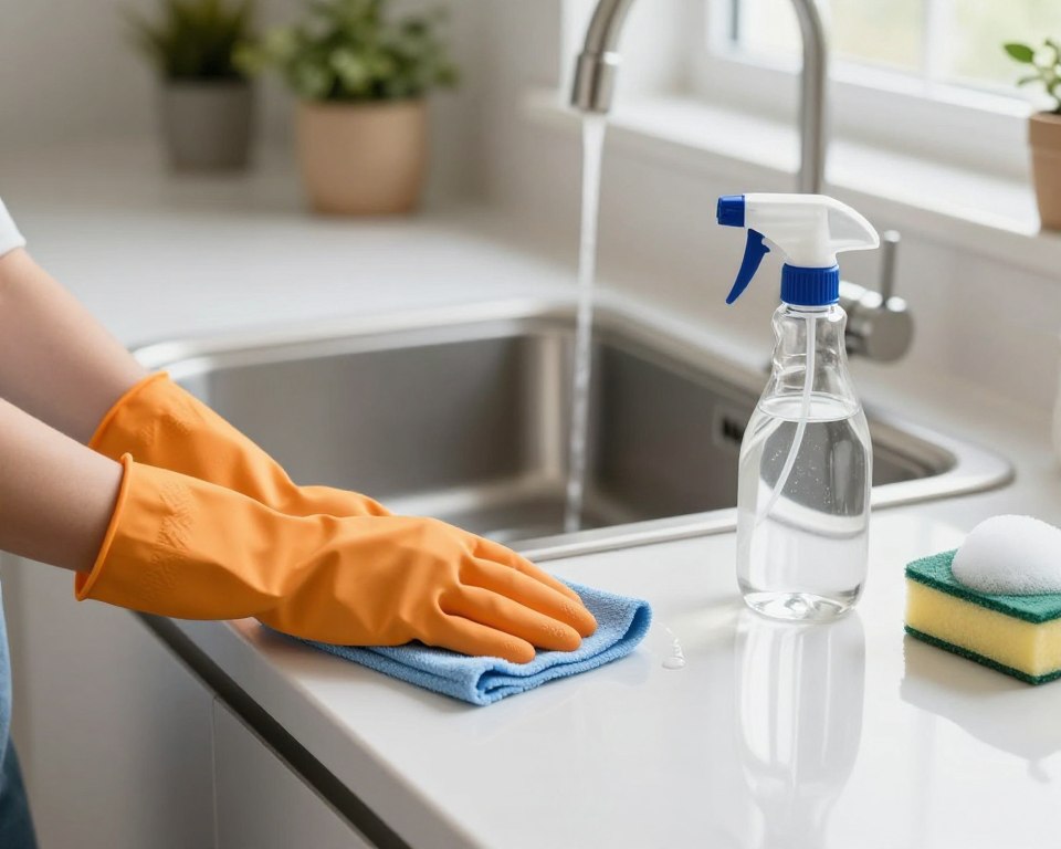 A modern kitchen countertop scene highlighting best practices for rinsing countertops after cleaning. In the foreground, a pair of hands wearing colorful rubber gloves is gently wiping down a spotless white countertop with a damp cloth. A clear glass spray bottle filled with water is nearby, alongside a small bowl of soapy sponge. In the middle, a gleaming kitchen sink with running water suggests freshness and cleanliness. The background features soft-focus elements like light-colored cabinets and potted plants, creating a warm, inviting atmosphere. The lighting is bright and natural, emphasizing cleanliness and hygiene, captured from a slightly elevated angle to showcase the countertop's surface. The mood is serene, promoting a sense of care and attention to kitchen maintenance. A modern kitchen countertop scene highlighting best practices for rinsing countertops after cleaning. In the foreground, a pair of hands wearing colorful rubber gloves is gently wiping down a spotless white countertop with a damp cloth. A clear glass spray bottle filled with water is nearby, alongside a small bowl of soapy sponge. In the middle, a gleaming kitchen sink with running water suggests freshness and cleanliness. The background features soft-focus elements like light-colored cabinets and potted plants, creating a warm, inviting atmosphere. The lighting is bright and natural, emphasizing cleanliness and hygiene, captured from a slightly elevated angle to showcase the countertop's surface. The mood is serene, promoting a sense of care and attention to kitchen maintenance.
