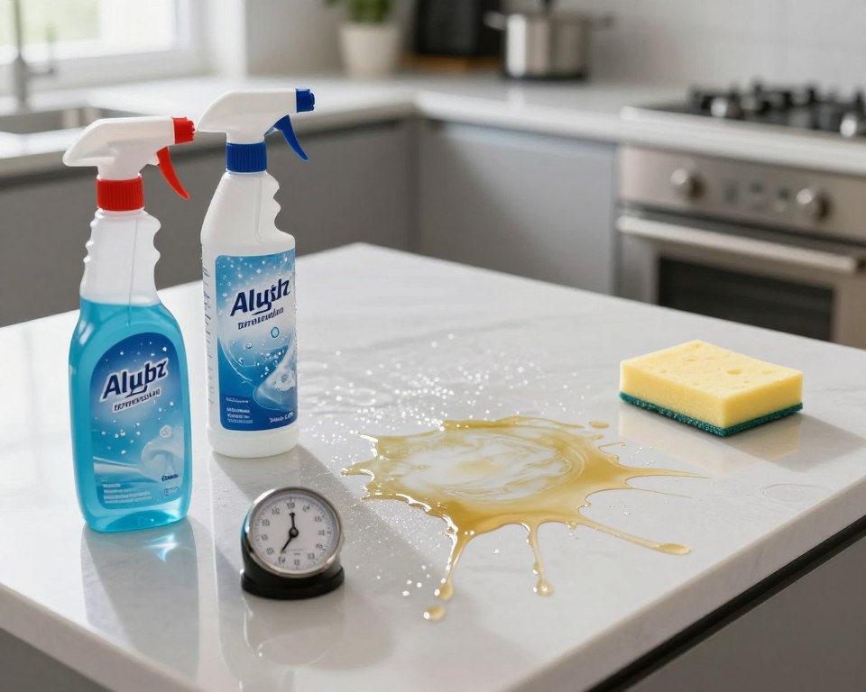 A modern kitchen countertop with a variety of cleaning chemicals displayed, showcasing their duration and residue effects. In the foreground, a bottle of all-purpose cleaner and a spray can with visible droplets, alongside a timer to symbolize duration. The middle ground features a semi-clean surface with streaks and shiny spots where chemicals have interacted, emphasizing evaporation and residue differences. In the background, a well-lit kitchen environment with soft natural lighting filtering through a window, contrasting with the metallic finish of the appliances. The atmosphere should convey a sense of cleanliness and practicality, highlighting the science behind cleaning in everyday life. Use an overhead angle to capture the scene effectively. A modern kitchen countertop with a variety of cleaning chemicals displayed, showcasing their duration and residue effects. In the foreground, a bottle of all-purpose cleaner and a spray can with visible droplets, alongside a timer to symbolize duration. The middle ground features a semi-clean surface with streaks and shiny spots where chemicals have interacted, emphasizing evaporation and residue differences. In the background, a well-lit kitchen environment with soft natural lighting filtering through a window, contrasting with the metallic finish of the appliances. The atmosphere should convey a sense of cleanliness and practicality, highlighting the science behind cleaning in everyday life. Use an overhead angle to capture the scene effectively.