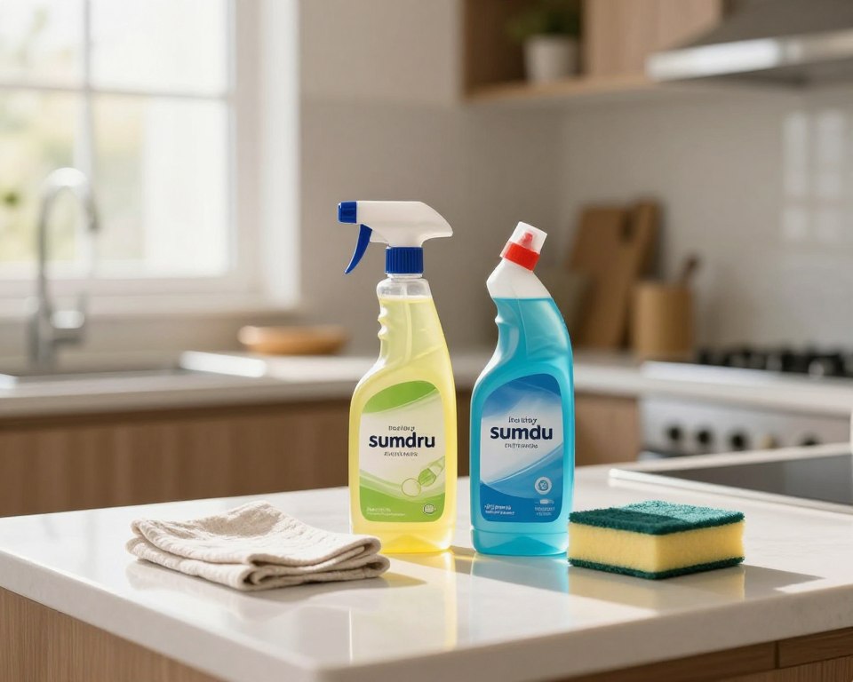 A modern kitchen countertop with cleaning chemicals placed on it, including a spray bottle and a bottle of disinfectant, both labeled for clarity. In the foreground, a clean, organized countertop features a soft cloth and a sponge. The middle ground shows the bottles clearly, demonstrating their distinct colors and designs. In the background, a well-lit kitchen with warm, natural lighting streaming in through a nearby window creates a sunny atmosphere. The focus is sharp on the cleaning supplies, while the kitchen fades gently into soft bokeh. The overall mood is fresh and inviting, emphasizing cleanliness and safety, as if capturing a moment in a home where care for hygiene is paramount. A modern kitchen countertop with cleaning chemicals placed on it, including a spray bottle and a bottle of disinfectant, both labeled for clarity. In the foreground, a clean, organized countertop features a soft cloth and a sponge. The middle ground shows the bottles clearly, demonstrating their distinct colors and designs. In the background, a well-lit kitchen with warm, natural lighting streaming in through a nearby window creates a sunny atmosphere. The focus is sharp on the cleaning supplies, while the kitchen fades gently into soft bokeh. The overall mood is fresh and inviting, emphasizing cleanliness and safety, as if capturing a moment in a home where care for hygiene is paramount.