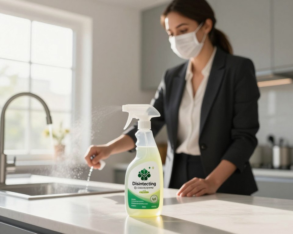 A modern kitchen setting, showcasing a bottle of Seventh Generation Disinfecting Spray placed prominently on a clean countertop. In the foreground, the spray bottle is in sharp focus, highlighting its eco-friendly label. In the middle ground, a woman in professional business attire is carefully spraying the cleaner on a surface, demonstrating a thoughtful and careful application. She is wearing a mask, symbolizing safety and awareness of indoor air quality. In the background, there's a sunlight streaming through a window, lending a warm and inviting ambiance to the scene. The overall mood is one of cleanliness and safety, with a focus on responsible use of cleaning products. The angle is slightly elevated, capturing both the product and the user in an engaging composition. A modern kitchen setting, showcasing a bottle of Seventh Generation Disinfecting Spray placed prominently on a clean countertop. In the foreground, the spray bottle is in sharp focus, highlighting its eco-friendly label. In the middle ground, a woman in professional business attire is carefully spraying the cleaner on a surface, demonstrating a thoughtful and careful application. She is wearing a mask, symbolizing safety and awareness of indoor air quality. In the background, there's a sunlight streaming through a window, lending a warm and inviting ambiance to the scene. The overall mood is one of cleanliness and safety, with a focus on responsible use of cleaning products. The angle is slightly elevated, capturing both the product and the user in an engaging composition.