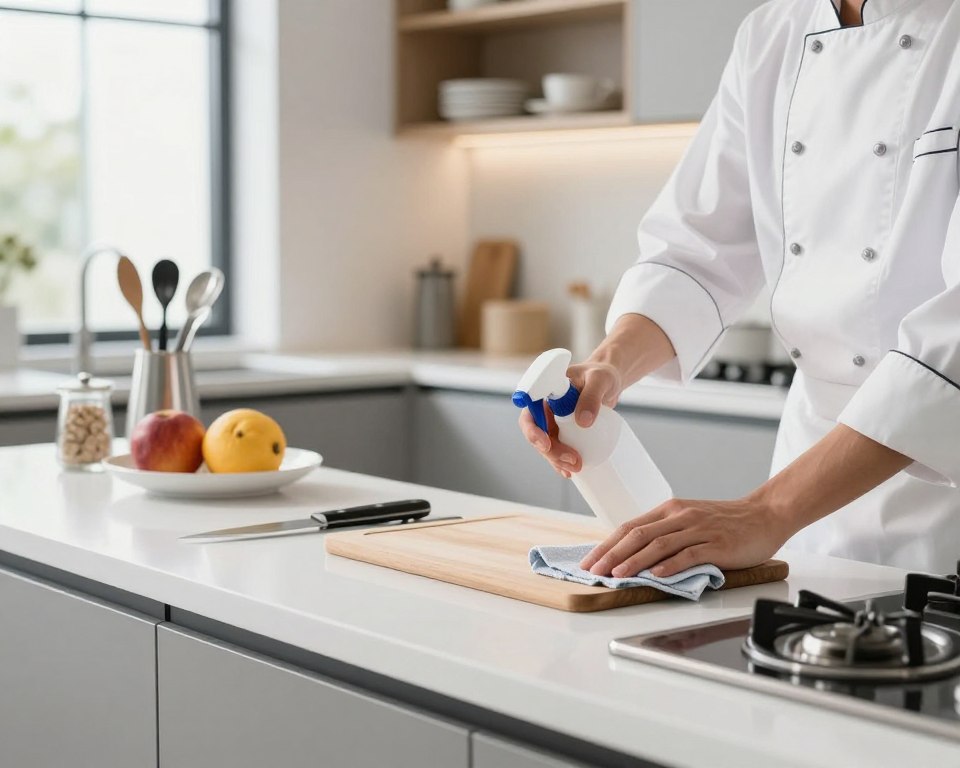 A modern kitchen with pristine white countertops and sleek stainless steel appliances. In the foreground, a person dressed in a professional white chef's coat is carefully disinfecting the kitchen surfaces with a spray bottle and cloth, focusing on a cutting board. The middle ground showcases organized kitchen tools, fruits, and a cutting board with a knife, highlighting the importance of cleanliness. In the background, well-lit shelves display neatly arranged ceramic dishware, adding warmth and order to the scene. Soft, diffused daylight streams in through a window, creating a clean and inviting atmosphere. The image captures a sense of responsibility and hygiene, emphasizing best practices for maintaining a sterile kitchen environment.
