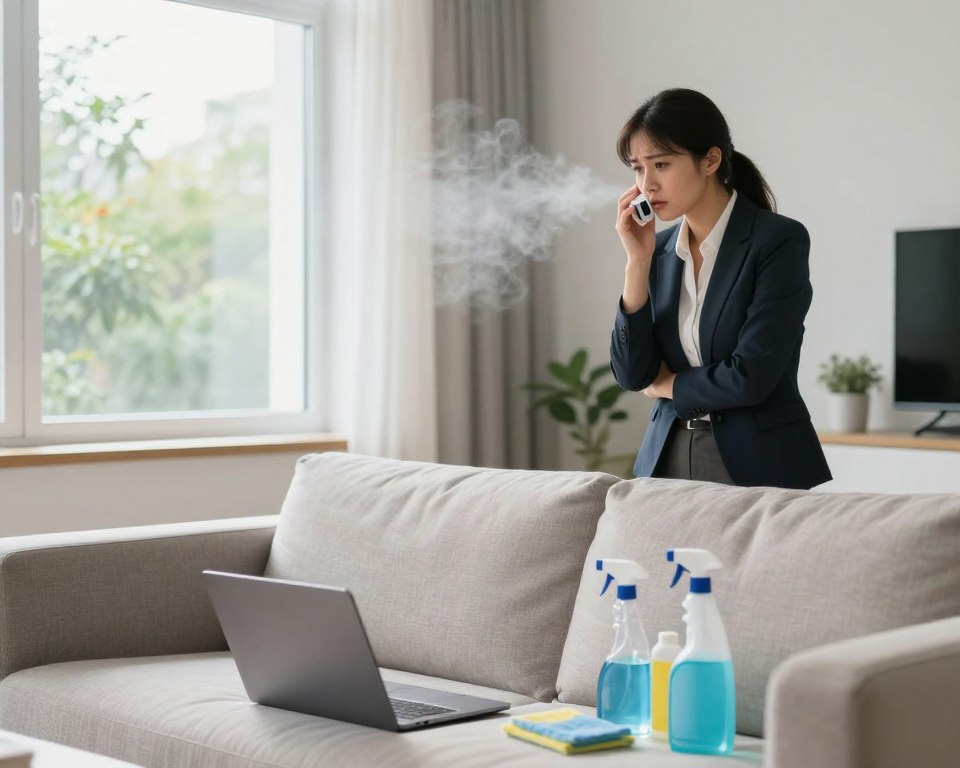A modern, well-lit living room demonstrating the unseen effects of odorless cleaning chemicals on indoor air quality. In the foreground, a clean, stylish couch with a laptop and cleaning supplies, showing the contrast between cleanliness and hidden dangers. In the middle ground, a woman in professional business attire is inspecting an air quality monitor, her expression one of concern as she looks towards a subtle haze in the air, indicating invisible pollutants. The background features a bright window with greenery outside, creating a serene atmosphere, but the room itself feels slightly unsettling. Use soft, diffused natural light to enhance the intimate yet alarming mood, captured from a slightly elevated angle to provide depth and perspective. A modern, well-lit living room demonstrating the unseen effects of odorless cleaning chemicals on indoor air quality. In the foreground, a clean, stylish couch with a laptop and cleaning supplies, showing the contrast between cleanliness and hidden dangers. In the middle ground, a woman in professional business attire is inspecting an air quality monitor, her expression one of concern as she looks towards a subtle haze in the air, indicating invisible pollutants. The background features a bright window with greenery outside, creating a serene atmosphere, but the room itself feels slightly unsettling. Use soft, diffused natural light to enhance the intimate yet alarming mood, captured from a slightly elevated angle to provide depth and perspective.