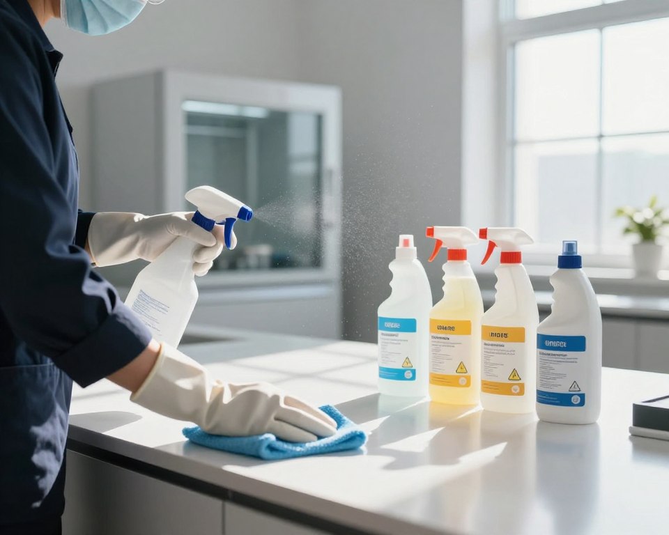 A modern, well-lit room with gleaming surfaces, showcasing the process of chemical cleaning. In the foreground, a person in professional business attire is wearing gloves and a mask, carefully wiping down a countertop with a spray bottle. The middle ground features bottles of cleaning agents labeled with clear instructions and safety symbols, arranged neatly on a table. Sunlight streams through a window, casting soft shadows and highlighting particles in the air, representing volatile organic compounds. In the background, a well-ventilated room with an open window, inviting fresh air inside. The atmosphere conveys a sense of safety and cleanliness, with an emphasis on the importance of proper ventilation after cleaning. A modern, well-lit room with gleaming surfaces, showcasing the process of chemical cleaning. In the foreground, a person in professional business attire is wearing gloves and a mask, carefully wiping down a countertop with a spray bottle. The middle ground features bottles of cleaning agents labeled with clear instructions and safety symbols, arranged neatly on a table. Sunlight streams through a window, casting soft shadows and highlighting particles in the air, representing volatile organic compounds. In the background, a well-ventilated room with an open window, inviting fresh air inside. The atmosphere conveys a sense of safety and cleanliness, with an emphasis on the importance of proper ventilation after cleaning.