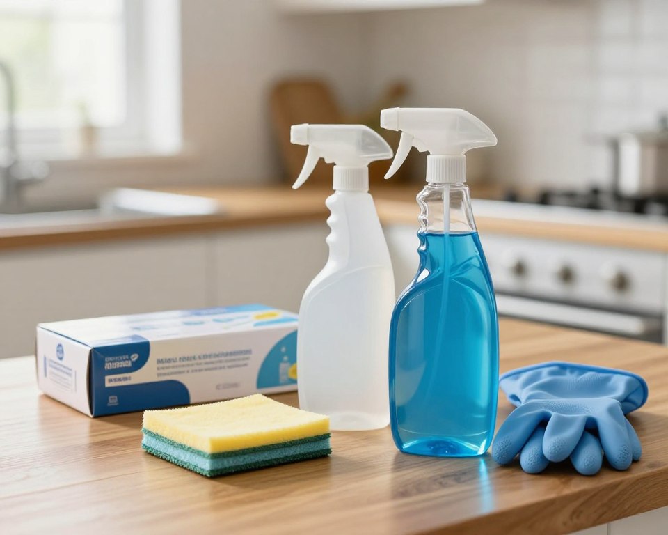 A neatly organized array of household cleaning products on a wooden kitchen countertop. In the foreground, a spray bottle of blue glass cleaner with a gleaming finish, next to a clear bottle of multi-surface cleaner, both featuring modern, minimalist designs. In the middle ground, an opened box of microfiber cleaning cloths and a pair of rubber gloves add practicality to the scene. The background features a blurred kitchen setting with soft natural light filtering through a window, creating a warm and inviting atmosphere. The image is shot from a slightly elevated angle to capture the products clearly, emphasizing safety and proper storage. No people are present, ensuring focus remains solely on the cleaning agents. A neatly organized array of household cleaning products on a wooden kitchen countertop. In the foreground, a spray bottle of blue glass cleaner with a gleaming finish, next to a clear bottle of multi-surface cleaner, both featuring modern, minimalist designs. In the middle ground, an opened box of microfiber cleaning cloths and a pair of rubber gloves add practicality to the scene. The background features a blurred kitchen setting with soft natural light filtering through a window, creating a warm and inviting atmosphere. The image is shot from a slightly elevated angle to capture the products clearly, emphasizing safety and proper storage. No people are present, ensuring focus remains solely on the cleaning agents.