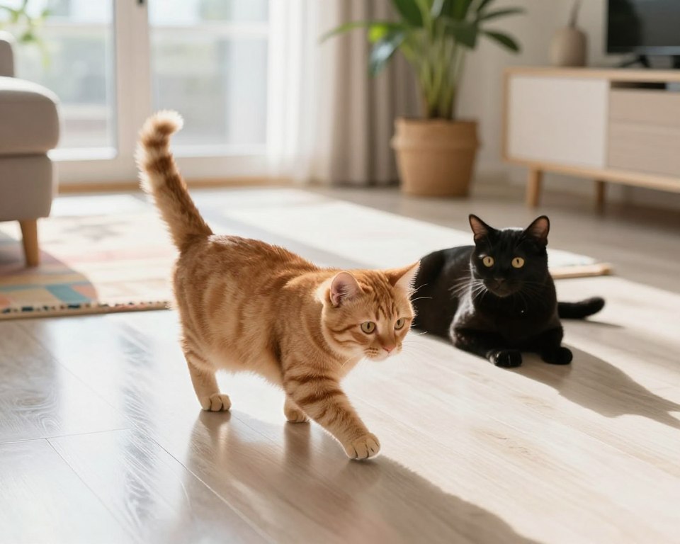 A peaceful indoor scene featuring two curious cats exploring a freshly cleaned, shiny floor. In the foreground, one cat, a fluffy orange tabby, carefully steps onto the gleaming surface, while the other, a sleek black cat, lounges nearby, observing with wide eyes. The middle ground showcases a bright, well-lit living room with colorful rugs and sunlight streaming through large windows, casting soft shadows. In the background, a potted plant adds a touch of greenery, enhancing the clean, vibrant atmosphere. The lighting is warm and inviting, creating a serene mood that emphasizes the innocence of the cats as they interact with their environment. Capture this moment with a slight angle to highlight the shine of the floor and the cats’ curious expressions. A peaceful indoor scene featuring two curious cats exploring a freshly cleaned, shiny floor. In the foreground, one cat, a fluffy orange tabby, carefully steps onto the gleaming surface, while the other, a sleek black cat, lounges nearby, observing with wide eyes. The middle ground showcases a bright, well-lit living room with colorful rugs and sunlight streaming through large windows, casting soft shadows. In the background, a potted plant adds a touch of greenery, enhancing the clean, vibrant atmosphere. The lighting is warm and inviting, creating a serene mood that emphasizes the innocence of the cats as they interact with their environment. Capture this moment with a slight angle to highlight the shine of the floor and the cats’ curious expressions.