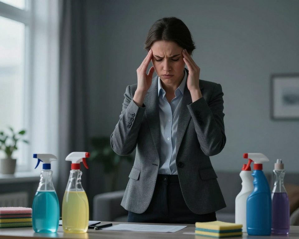 A person in professional attire standing in a dimly lit, cluttered room, surrounded by various cleaning products on a table. The individual's expression conveys discomfort, with furrowed brows and a hand pressed against their temple, symbolizing a headache. In the background, faint light filters through a window, casting soft shadows that suggest an oppressive atmosphere. The color palette is muted, using shades of gray and soft blues to enhance the feeling of unease. The scene captures an everyday home setting, but the focus on the person's distress and the overwhelming presence of cleaning agents highlights the connection between the products and the headache, evoking empathy and awareness in the viewer. A person in professional attire standing in a dimly lit, cluttered room, surrounded by various cleaning products on a table. The individual's expression conveys discomfort, with furrowed brows and a hand pressed against their temple, symbolizing a headache. In the background, faint light filters through a window, casting soft shadows that suggest an oppressive atmosphere. The color palette is muted, using shades of gray and soft blues to enhance the feeling of unease. The scene captures an everyday home setting, but the focus on the person's distress and the overwhelming presence of cleaning agents highlights the connection between the products and the headache, evoking empathy and awareness in the viewer.