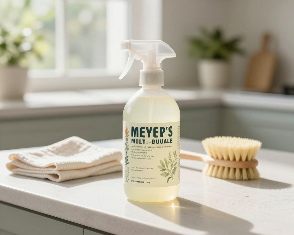 A pristine kitchen environment showcasing a gentle cleaning product, specifically a bottle of Mrs. Meyer’s Multi-Surface Cleaner, placed prominently in the foreground. The bottle features soft pastel colors and botanical illustrations, embodying a sense of calm. In the middle ground, a clean, textured countertop hosts natural cleaning tools like a soft cloth and a gentle brush, alluding to a safe, eco-friendly cleaning process. The background is softly blurred, featuring a sunlit window with plants and greenery that enhance the fresh, inviting atmosphere. Natural light streams in, casting gentle shadows and creating a warm, serene mood, while maintaining a clean and minimalist aesthetic. The focus is clear, capturing the essence of a safe and gentle cleaning experience without any distractions. A pristine kitchen environment showcasing a gentle cleaning product, specifically a bottle of Mrs. Meyer’s Multi-Surface Cleaner, placed prominently in the foreground. The bottle features soft pastel colors and botanical illustrations, embodying a sense of calm. In the middle ground, a clean, textured countertop hosts natural cleaning tools like a soft cloth and a gentle brush, alluding to a safe, eco-friendly cleaning process. The background is softly blurred, featuring a sunlit window with plants and greenery that enhance the fresh, inviting atmosphere. Natural light streams in, casting gentle shadows and creating a warm, serene mood, while maintaining a clean and minimalist aesthetic. The focus is clear, capturing the essence of a safe and gentle cleaning experience without any distractions.