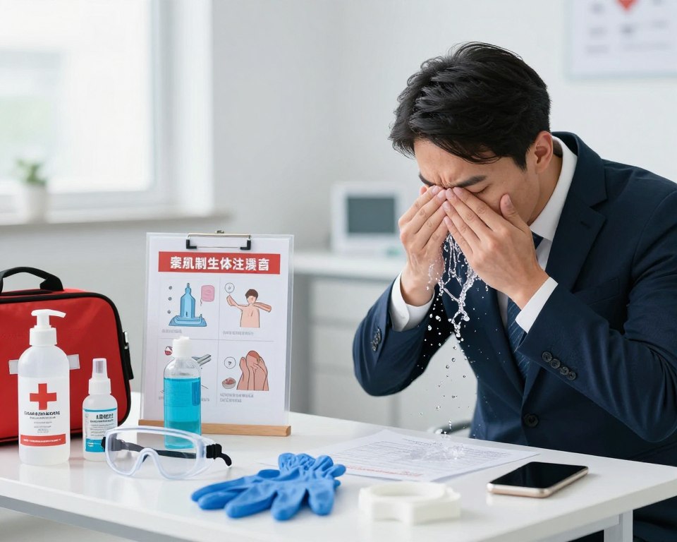 A professional and informative scene depicting emergency first aid procedures for chemical exposure. In the foreground, a well-equipped first aid station with items such as goggles, gloves, and neutralizing substances clearly visible. A person in business attire, calmly demonstrating the proper way to flush eyes with water, their expression serious and focused. In the middle, a table with detailed diagrams showing chemical exposure remedies, including steps for skin decontamination. The background features a bright, sterile environment like a hospital or clinic, with soft, diffused lighting highlighting the urgency of the situation. The atmosphere is serious yet educational, emphasizing the importance of safety and preparedness in chemical exposure scenarios. A professional and informative scene depicting emergency first aid procedures for chemical exposure. In the foreground, a well-equipped first aid station with items such as goggles, gloves, and neutralizing substances clearly visible. A person in business attire, calmly demonstrating the proper way to flush eyes with water, their expression serious and focused. In the middle, a table with detailed diagrams showing chemical exposure remedies, including steps for skin decontamination. The background features a bright, sterile environment like a hospital or clinic, with soft, diffused lighting highlighting the urgency of the situation. The atmosphere is serious yet educational, emphasizing the importance of safety and preparedness in chemical exposure scenarios.