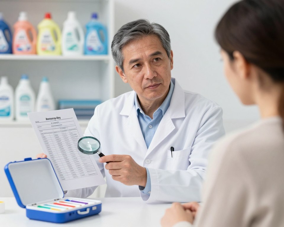 A professional setting showcasing a dermatologist's office, with a middle-aged doctor in a white lab coat examining a patient. The foreground features an open allergy testing kit with colorful test strips and a magnifying glass. The doctor, with a focused expression, is pointing to a chart showing symptoms of laundry detergent allergies, like skin rashes and irritation. In the background, shelves lined with various laundry detergent bottles are visible, softly blurred to maintain focus on the doctor and patient. The lighting is bright and clinical, giving an atmosphere of trust and professionalism. Capture the scene from a slightly angled perspective to create depth and engagement. A professional setting showcasing a dermatologist's office, with a middle-aged doctor in a white lab coat examining a patient. The foreground features an open allergy testing kit with colorful test strips and a magnifying glass. The doctor, with a focused expression, is pointing to a chart showing symptoms of laundry detergent allergies, like skin rashes and irritation. In the background, shelves lined with various laundry detergent bottles are visible, softly blurred to maintain focus on the doctor and patient. The lighting is bright and clinical, giving an atmosphere of trust and professionalism. Capture the scene from a slightly angled perspective to create depth and engagement.