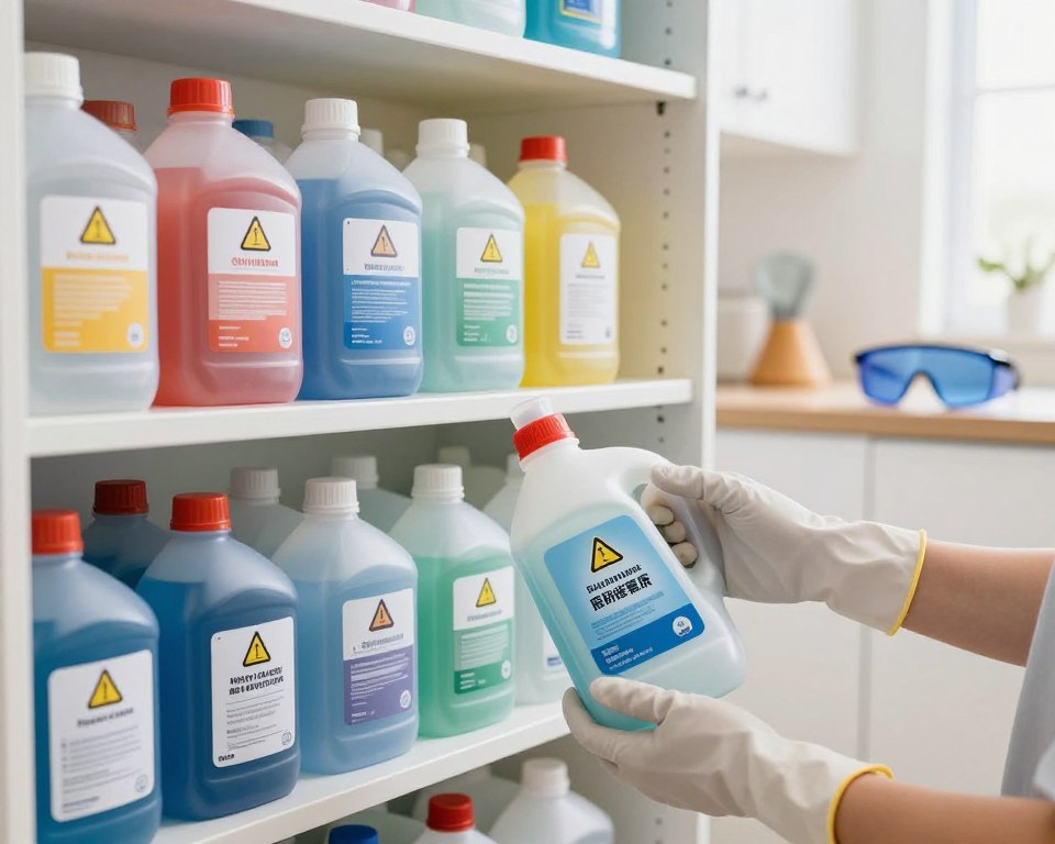 A secure and organized storage area for bleach is depicted, featuring a well-stocked shelf with neatly labeled, color-coded containers of bleach, each with safety symbols displayed prominently. In the foreground, a pair of professional gloved hands carefully handle a bottle of bleach, illustrating proper safety protocols. The middle ground includes a bright, well-lit room, emphasizing cleanliness and organization, with safety goggles and a funnel nearby, suggesting proper handling equipment. The background contains a clean countertop and cabinets, emphasizing a spacious and orderly environment. Soft, natural lighting filters in from a window, creating a safe and inviting atmosphere. The angle of the shot captures both the foreground and middle elements clearly, focusing on the importance of safely storing and handling bleach. A secure and organized storage area for bleach is depicted, featuring a well-stocked shelf with neatly labeled, color-coded containers of bleach, each with safety symbols displayed prominently. In the foreground, a pair of professional gloved hands carefully handle a bottle of bleach, illustrating proper safety protocols. The middle ground includes a bright, well-lit room, emphasizing cleanliness and organization, with safety goggles and a funnel nearby, suggesting proper handling equipment. The background contains a clean countertop and cabinets, emphasizing a spacious and orderly environment. Soft, natural lighting filters in from a window, creating a safe and inviting atmosphere. The angle of the shot captures both the foreground and middle elements clearly, focusing on the importance of safely storing and handling bleach.