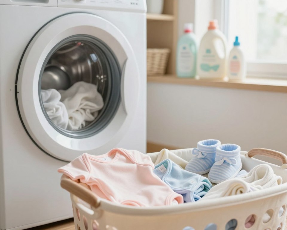 A serene and gentle laundry scene focused on baby clothes suitable for sensitive skin. In the foreground, a tidy laundry basket filled with soft, pastel-colored baby garments, such as onesies and booties, is displayed. In the middle ground, a washing machine is shown with a clear glass door, revealing fluffy detergent-free clothes being washed. The background features a sunlit laundry room with soft, diffused natural light filtering through a window, creating a warm and inviting atmosphere. A few eco-friendly laundry supplies, such as hypoallergenic detergent bottles, are arranged neatly on a shelf. The mood is calm and nurturing, emphasizing care for babies with eczema or allergies, captured from a slightly elevated angle to highlight the details.