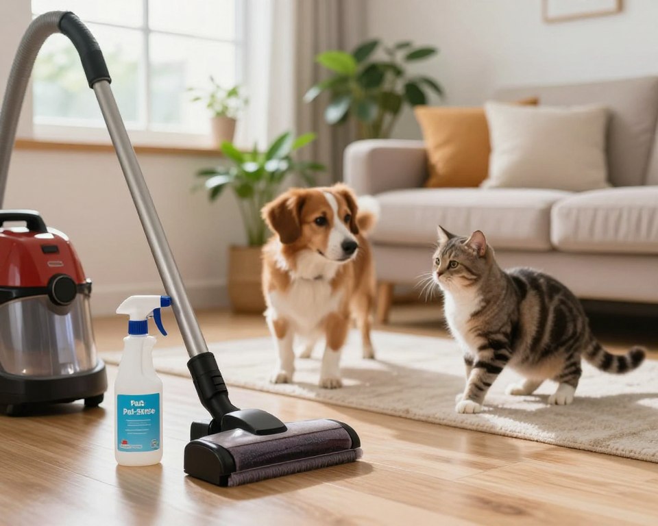 A serene and informative scene depicting pet-safe floor cleaning tips. In the foreground, a cozy living room featuring a vacuum cleaner and a spray bottle labeled 'Pet-Safe' on a wooden floor. A friendly dog and cat are playfully interacting next to a shiny, clean area, showcasing a safe environment. In the middle ground, a window lets in soft, natural light, highlighting a few green houseplants that suggest a pet-friendly atmosphere. The background features a soft, inviting couch with colorful cushions. The overall mood is calm and safe, evoking a sense of reassurance for pet owners. Use a warm color palette and a slightly shallow depth of field to focus on the cleaning tools while keeping the pets vibrant and lively. A serene and informative scene depicting pet-safe floor cleaning tips. In the foreground, a cozy living room featuring a vacuum cleaner and a spray bottle labeled 'Pet-Safe' on a wooden floor. A friendly dog and cat are playfully interacting next to a shiny, clean area, showcasing a safe environment. In the middle ground, a window lets in soft, natural light, highlighting a few green houseplants that suggest a pet-friendly atmosphere. The background features a soft, inviting couch with colorful cushions. The overall mood is calm and safe, evoking a sense of reassurance for pet owners. Use a warm color palette and a slightly shallow depth of field to focus on the cleaning tools while keeping the pets vibrant and lively.