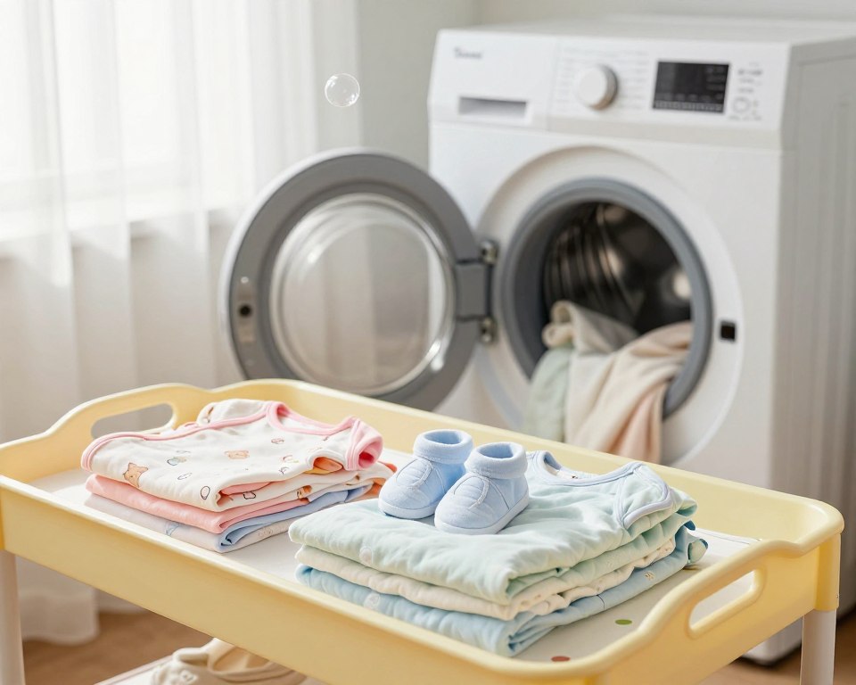 A serene and inviting scene displaying a well-organized baby laundry corner. In the foreground, neatly folded pastel-colored baby clothes such as tiny onesies, soft blankets, and adorable booties are arranged on a cheerful, bright-patterned changing table. The middle of the image features a gentle, friendly washing machine, partially open, with a few baby items peeking out. In the background, soft natural light filters through a window adorned with sheer curtains, enhancing a warm and cozy atmosphere. A few bubbles hover in the air, suggesting the freshness of laundry just washed. The overall mood should be comforting and calming, emphasizing care and tenderness for newborns, making it clear that this is about the meticulous process of baby laundry, free from distractions or text elements.