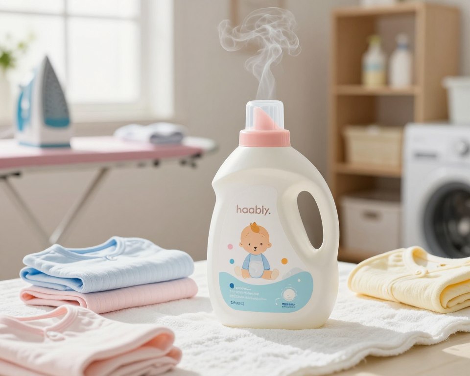 A serene and inviting scene featuring a bottle of gentle, fragrance-free laundry detergent specifically formulated for babies. In the foreground, the sleek, soft-angled bottle, embellished with pastel colors and baby-friendly graphics, stands on a clean, white cloth. Surrounding it are delicate, folded newborn clothes, showcasing soft fabrics in pale hues of blue, pink, and yellow. In the middle ground, a softly lit laundry room with warm, natural light filtering through a window adds warmth to the atmosphere. Gentle steam rises from a nearby iron, hinting at freshly laundered fabric. The background reveals a neatly organized shelf with baby essentials, creating a sense of comfort and care. Overall, the image conveys safety, tenderness, and the importance of using gentle products for newborns. A serene and inviting scene featuring a bottle of gentle, fragrance-free laundry detergent specifically formulated for babies. In the foreground, the sleek, soft-angled bottle, embellished with pastel colors and baby-friendly graphics, stands on a clean, white cloth. Surrounding it are delicate, folded newborn clothes, showcasing soft fabrics in pale hues of blue, pink, and yellow. In the middle ground, a softly lit laundry room with warm, natural light filtering through a window adds warmth to the atmosphere. Gentle steam rises from a nearby iron, hinting at freshly laundered fabric. The background reveals a neatly organized shelf with baby essentials, creating a sense of comfort and care. Overall, the image conveys safety, tenderness, and the importance of using gentle products for newborns.