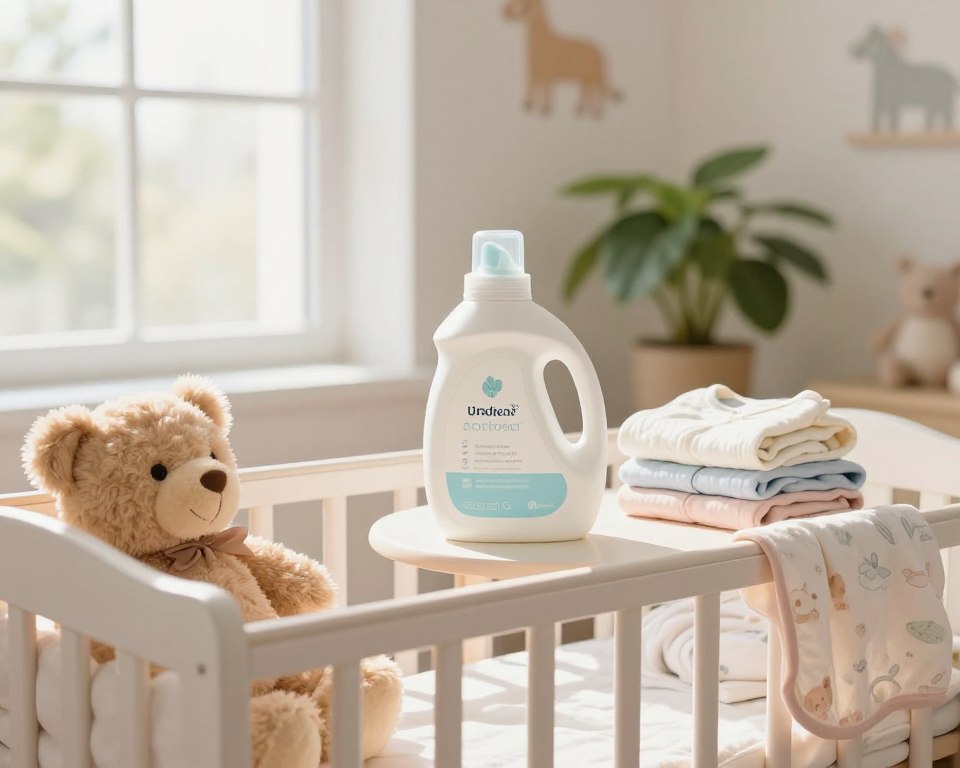 A serene and warm nursery setting, softly lit by natural sunlight streaming through a large window. In the foreground, a delicate baby crib adorned with pastel-colored linens, with a plush teddy bear resting on the edge. In the middle, a bottle of fragrance-free laundry detergent, designed with gentle, calming packaging, is placed on a small table next to a stack of freshly laundered baby clothes. The background is filled with light-colored walls decorated with subtle animal motifs and a lush potted plant, creating a calming atmosphere. Emphasize the innocence and safety associated with using fragrance-free products for newborns, capturing a nurturing and peaceful environment. Use a soft-focus lens effect to enhance the dreamy quality of the scene, conveying a sense of care and responsibility. A serene and warm nursery setting, softly lit by natural sunlight streaming through a large window. In the foreground, a delicate baby crib adorned with pastel-colored linens, with a plush teddy bear resting on the edge. In the middle, a bottle of fragrance-free laundry detergent, designed with gentle, calming packaging, is placed on a small table next to a stack of freshly laundered baby clothes. The background is filled with light-colored walls decorated with subtle animal motifs and a lush potted plant, creating a calming atmosphere. Emphasize the innocence and safety associated with using fragrance-free products for newborns, capturing a nurturing and peaceful environment. Use a soft-focus lens effect to enhance the dreamy quality of the scene, conveying a sense of care and responsibility.