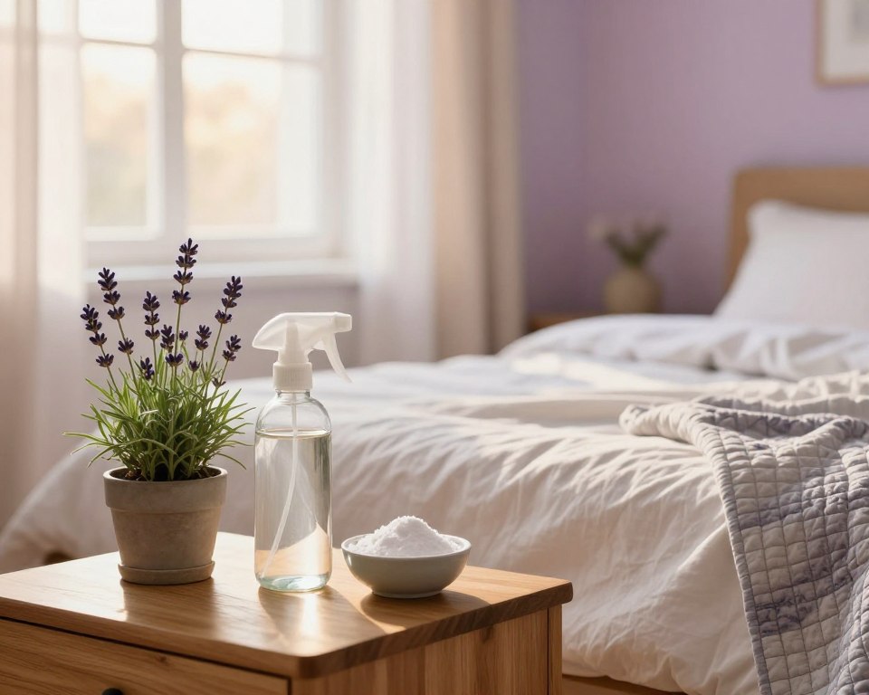 A serene bedroom environment showcasing natural cleaning alternatives for a healthier sleep setting. In the foreground, a neatly arranged wooden nightstand features a small potted lavender plant, a glass spray bottle filled with a vinegar-water solution, and a bowl of baking soda with essential oils. The middle of the image highlights a neatly made bed with soft, eco-friendly linens, complemented by a handmade quilt. In the background, a large window with sheer curtains lets in warm, soft sunlight, creating a calming atmosphere. The walls are painted in soothing pastel colors, promoting relaxation. The overall mood is peaceful and inviting, emphasizing the benefits of using natural cleaning products. Shot in soft focus to enhance a tranquil vibe, the angle is slightly from the side, revealing depth and warmth in the room. A serene bedroom environment showcasing natural cleaning alternatives for a healthier sleep setting. In the foreground, a neatly arranged wooden nightstand features a small potted lavender plant, a glass spray bottle filled with a vinegar-water solution, and a bowl of baking soda with essential oils. The middle of the image highlights a neatly made bed with soft, eco-friendly linens, complemented by a handmade quilt. In the background, a large window with sheer curtains lets in warm, soft sunlight, creating a calming atmosphere. The walls are painted in soothing pastel colors, promoting relaxation. The overall mood is peaceful and inviting, emphasizing the benefits of using natural cleaning products. Shot in soft focus to enhance a tranquil vibe, the angle is slightly from the side, revealing depth and warmth in the room.