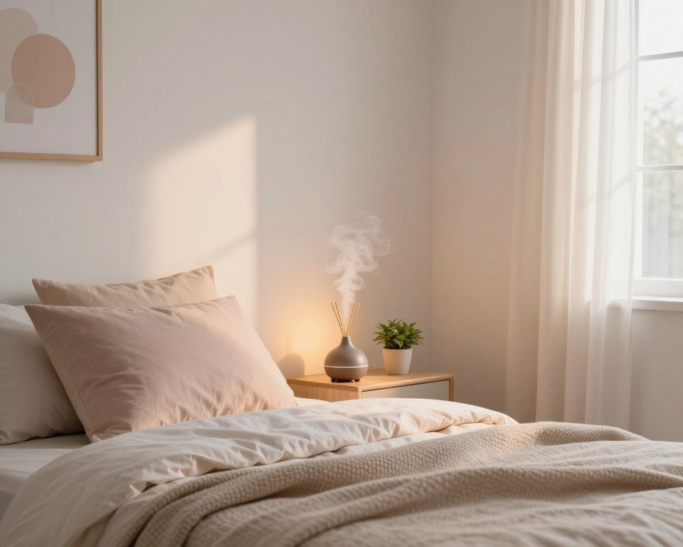 A serene bedroom scene with calming pastel colors that emphasizes sleep hygiene. In the foreground, a neatly-made bed with soft, inviting pillows and a cozy blanket. On a bedside table, an essential oil diffuser emits a gentle mist, while a small potted plant adds a touch of greenery. In the middle, the room is illuminated by soft, warm lighting that simulates a late afternoon glow. The walls are freshly cleaned and adorned with minimalistic artwork promoting relaxation. In the background, a window reveals soft curtains fluttering slightly, suggesting a light breeze. The overall atmosphere is tranquil and soothing, inviting a sense of peace, ideal for promoting healthy sleep practices. A serene bedroom scene with calming pastel colors that emphasizes sleep hygiene. In the foreground, a neatly-made bed with soft, inviting pillows and a cozy blanket. On a bedside table, an essential oil diffuser emits a gentle mist, while a small potted plant adds a touch of greenery. In the middle, the room is illuminated by soft, warm lighting that simulates a late afternoon glow. The walls are freshly cleaned and adorned with minimalistic artwork promoting relaxation. In the background, a window reveals soft curtains fluttering slightly, suggesting a light breeze. The overall atmosphere is tranquil and soothing, inviting a sense of peace, ideal for promoting healthy sleep practices.