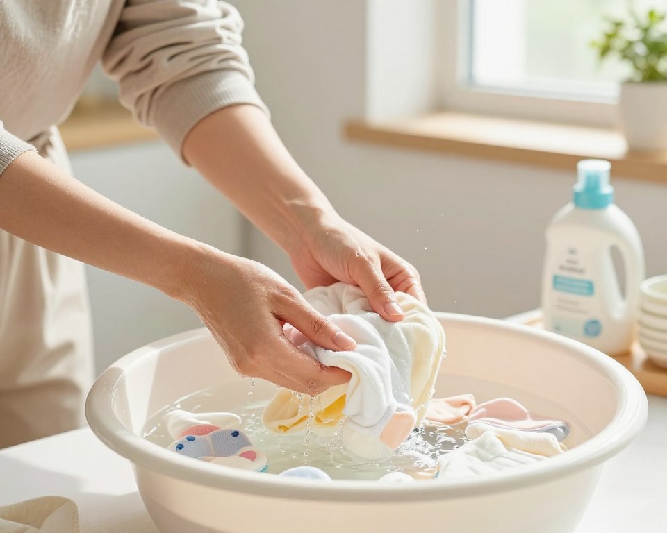 A serene domestic scene depicting a parent gently rinsing baby clothes in a bright, airy laundry room. In the foreground, a close-up of delicate baby garments—tiny socks and onesies—being submerged in a basin of clear water, emphasizing their softness and freshness. The parent, dressed in modest casual attire, is focused on ensuring the clothes are thoroughly rinsed, with droplets glistening in the light. The middle ground shows a countertop with a bottle of gentle, hypoallergenic detergent, hinting at the washing process. In the background, natural light streams through the window, illuminating the room and creating a warm, inviting atmosphere. The overall mood is calm and nurturing, showcasing the importance of careful care for baby clothes. A serene domestic scene depicting a parent gently rinsing baby clothes in a bright, airy laundry room. In the foreground, a close-up of delicate baby garments—tiny socks and onesies—being submerged in a basin of clear water, emphasizing their softness and freshness. The parent, dressed in modest casual attire, is focused on ensuring the clothes are thoroughly rinsed, with droplets glistening in the light. The middle ground shows a countertop with a bottle of gentle, hypoallergenic detergent, hinting at the washing process. In the background, natural light streams through the window, illuminating the room and creating a warm, inviting atmosphere. The overall mood is calm and nurturing, showcasing the importance of careful care for baby clothes.