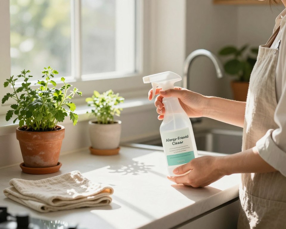 A serene domestic scene focusing on a well-organized kitchen in a cozy home. In the foreground, a pair of hands in modest, professional attire gently hold a spray bottle labeled "Allergy-Friendly Cleaner" with a calming label design. In the middle, a clean, well-maintained countertop features natural elements like potted herbs, and cloths made from eco-friendly materials. Soft sunlight filters through a window, casting a warm, inviting glow over the scene, with gentle shadows enhancing the clean surfaces. In the background, a few allergy-friendly plants can be seen, contributing to the fresh environment. The mood is calm and reassuring, emphasizing a safe and clean space for allergy sufferers, evoking a sense of tranquility and effective cleaning practices. A serene domestic scene focusing on a well-organized kitchen in a cozy home. In the foreground, a pair of hands in modest, professional attire gently hold a spray bottle labeled "Allergy-Friendly Cleaner" with a calming label design. In the middle, a clean, well-maintained countertop features natural elements like potted herbs, and cloths made from eco-friendly materials. Soft sunlight filters through a window, casting a warm, inviting glow over the scene, with gentle shadows enhancing the clean surfaces. In the background, a few allergy-friendly plants can be seen, contributing to the fresh environment. The mood is calm and reassuring, emphasizing a safe and clean space for allergy sufferers, evoking a sense of tranquility and effective cleaning practices.
