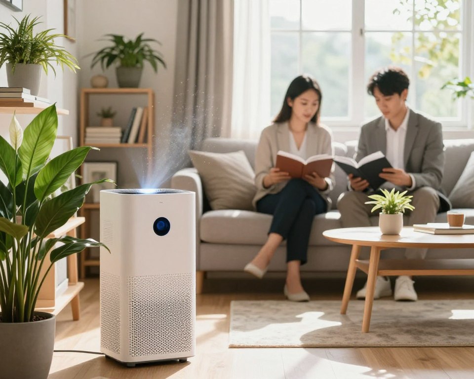 A serene indoor environment showcasing a modern living room with clear signs of healthy air quality. In the foreground, a clean air purifier is actively filtering the air, emitting a soft, gentle glow. Plants, such as peace lilies and spider plants, are strategically placed on shelves and tables, enhancing the sense of freshness. The middle ground features a comfortable seating area with a couple of individuals, dressed in professional business attire, calmly reading or working, with expressions of concentration and relaxation. The background displays a large window letting in natural light, illuminating dust particles in the air and creating a warm, inviting atmosphere. The overall mood is peaceful and inspiring, emphasizing the importance of maintaining good indoor air quality for health and well-being. A serene indoor environment showcasing a modern living room with clear signs of healthy air quality. In the foreground, a clean air purifier is actively filtering the air, emitting a soft, gentle glow. Plants, such as peace lilies and spider plants, are strategically placed on shelves and tables, enhancing the sense of freshness. The middle ground features a comfortable seating area with a couple of individuals, dressed in professional business attire, calmly reading or working, with expressions of concentration and relaxation. The background displays a large window letting in natural light, illuminating dust particles in the air and creating a warm, inviting atmosphere. The overall mood is peaceful and inspiring, emphasizing the importance of maintaining good indoor air quality for health and well-being.