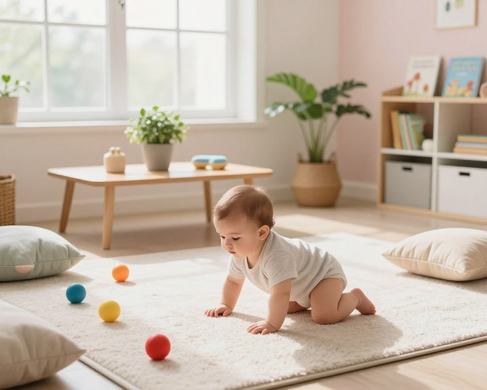 A serene indoor environment showcasing a soft, safe space for crawling babies. In the foreground, a baby crawls across a clean, plush rug, surrounded by colorful, non-toxic toys and soft cushions. The middle ground features a low coffee table with potted plants that purify air, and a bright, airy room filled with natural light streaming through large windows. The background displays gentle pastel walls and a tidy bookshelf filled with children's books. Emphasize a calm and nurturing atmosphere, suggesting a focus on fresh air and safety. Use soft, diffused lighting to enhance the feeling of warmth and security. Aim for a slightly elevated angle that captures both the baby and the environment, creating an inviting, wholesome image. A serene indoor environment showcasing a soft, safe space for crawling babies. In the foreground, a baby crawls across a clean, plush rug, surrounded by colorful, non-toxic toys and soft cushions. The middle ground features a low coffee table with potted plants that purify air, and a bright, airy room filled with natural light streaming through large windows. The background displays gentle pastel walls and a tidy bookshelf filled with children's books. Emphasize a calm and nurturing atmosphere, suggesting a focus on fresh air and safety. Use soft, diffused lighting to enhance the feeling of warmth and security. Aim for a slightly elevated angle that captures both the baby and the environment, creating an inviting, wholesome image.