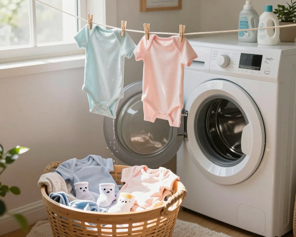 A serene indoor scene showcasing a cozy laundry area dedicated to cleaning newborn clothes. In the foreground, a wooden basket overflowing with soft pastel baby garments, such as onesies and beautiful little socks, is placed next to a gentle stream of sunlight pouring in through a nearby window. In the middle, there's a vintage washing machine, adorned with eco-friendly detergent bottles made from recycled materials. Brightly colored cloths hang to dry on a simple clothesline. In the background, a hint of plants emphasizes the natural and eco-friendly theme, creating a calm and nurturing atmosphere. The lighting is warm and inviting, evoking a sense of freshness and care, captured from a slightly elevated angle to convey inclusiveness and perspective.