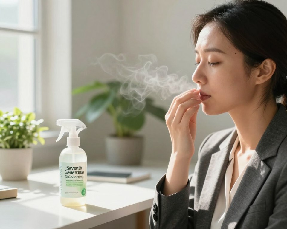 A serene indoor setting featuring a close-up of a woman in professional business attire, gently inhaling through her nose with a look of calm expression, symbolizing breathing safety. In the foreground, her face is illuminated with soft, natural light, highlighting her serene features. In the middle ground, a bottle of Seventh Generation Disinfecting Spray is placed on a clean, well-organized tabletop adorned with green plants, representing a fresh environment. In the background, gentle diffused sunlight streams in through a window, casting a warm, inviting glow around the room, enhancing the sense of safety and tranquility. The overall atmosphere is peaceful and reassuring, suggesting a healthy balance between cleanliness and well-being, with an emphasis on the impact of fragrances on air quality. A serene indoor setting featuring a close-up of a woman in professional business attire, gently inhaling through her nose with a look of calm expression, symbolizing breathing safety. In the foreground, her face is illuminated with soft, natural light, highlighting her serene features. In the middle ground, a bottle of Seventh Generation Disinfecting Spray is placed on a clean, well-organized tabletop adorned with green plants, representing a fresh environment. In the background, gentle diffused sunlight streams in through a window, casting a warm, inviting glow around the room, enhancing the sense of safety and tranquility. The overall atmosphere is peaceful and reassuring, suggesting a healthy balance between cleanliness and well-being, with an emphasis on the impact of fragrances on air quality.