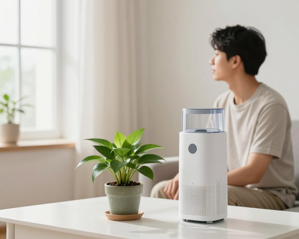 A serene indoor setting focusing on a clean, well-ventilated room that symbolizes respiratory health. In the foreground, a potted plant with lush green leaves, signifying clean air, sits on a bright, polished table. In the middle ground, a professional individual in modest casual attire is observing a clear, filtered air purifier, portraying care for respiratory well-being. In the background, we see large windows with soft natural light streaming in, enhancing the fresh ambiance. The overall mood is calm and health-conscious, with a slight emphasis on cleanliness and air quality. Use warm tones to evoke a feeling of safety and comfort, with soft focus on the background to highlight the importance of the central elements. A serene indoor setting focusing on a clean, well-ventilated room that symbolizes respiratory health. In the foreground, a potted plant with lush green leaves, signifying clean air, sits on a bright, polished table. In the middle ground, a professional individual in modest casual attire is observing a clear, filtered air purifier, portraying care for respiratory well-being. In the background, we see large windows with soft natural light streaming in, enhancing the fresh ambiance. The overall mood is calm and health-conscious, with a slight emphasis on cleanliness and air quality. Use warm tones to evoke a feeling of safety and comfort, with soft focus on the background to highlight the importance of the central elements.