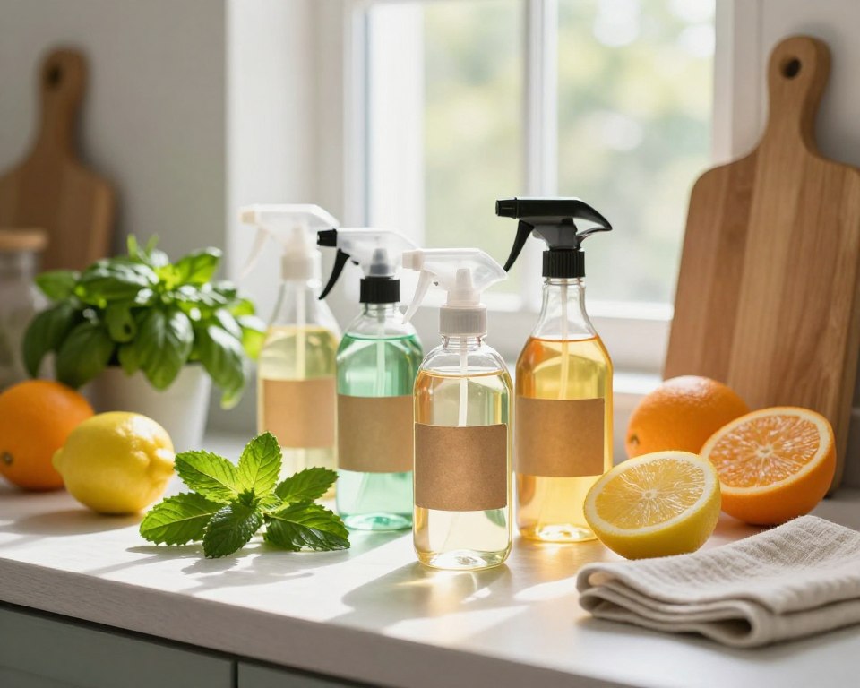 A serene kitchen counter scene showcasing an array of natural ingredient cleaners. In the foreground, elegant glass spray bottles filled with vibrant, plant-based solutions are artfully arranged, each featuring a rustic label (no text). The middle ground includes fresh herbs like mint and basil, along with citrus fruits such as lemons and oranges, creating a vivid natural palette. The background features a sunlit window with soft, filtered light streaming in, casting gentle shadows across the surface. A wooden cutting board and eco-friendly cleaning cloth add warmth and homey texture to the composition. The mood is fresh, inviting, and eco-conscious, highlighting a healthier, greener approach to cleaning. Use a soft focus with a slight bokeh effect for depth, imbuing the scene with a serene ambiance. A serene kitchen counter scene showcasing an array of natural ingredient cleaners. In the foreground, elegant glass spray bottles filled with vibrant, plant-based solutions are artfully arranged, each featuring a rustic label (no text). The middle ground includes fresh herbs like mint and basil, along with citrus fruits such as lemons and oranges, creating a vivid natural palette. The background features a sunlit window with soft, filtered light streaming in, casting gentle shadows across the surface. A wooden cutting board and eco-friendly cleaning cloth add warmth and homey texture to the composition. The mood is fresh, inviting, and eco-conscious, highlighting a healthier, greener approach to cleaning. Use a soft focus with a slight bokeh effect for depth, imbuing the scene with a serene ambiance.