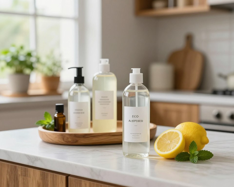 A serene kitchen countertop scene showcasing natural ingredient cleaners. In the foreground, a bottle of a clear, eco-friendly all-purpose cleaner made from simple, recognizable ingredients like vinegar, citrus, and essential oils sits next to fresh-cut lemon slices and a sprig of mint. In the middle, a wooden tray displays other eco-friendly cleaning products, elegantly designed with minimalistic labels. The background features soft, natural light filtering through a nearby window, highlighting rustic wooden cabinets and potted herbs on a shelf. The mood is fresh, clean, and inviting, emphasizing sustainability and transparency in cleaning products. Use a shallow depth of field to softly blur the background, directing focus onto the cleaners. The image should evoke a sense of trust and wellness in home care. A serene kitchen countertop scene showcasing natural ingredient cleaners. In the foreground, a bottle of a clear, eco-friendly all-purpose cleaner made from simple, recognizable ingredients like vinegar, citrus, and essential oils sits next to fresh-cut lemon slices and a sprig of mint. In the middle, a wooden tray displays other eco-friendly cleaning products, elegantly designed with minimalistic labels. The background features soft, natural light filtering through a nearby window, highlighting rustic wooden cabinets and potted herbs on a shelf. The mood is fresh, clean, and inviting, emphasizing sustainability and transparency in cleaning products. Use a shallow depth of field to softly blur the background, directing focus onto the cleaners. The image should evoke a sense of trust and wellness in home care.