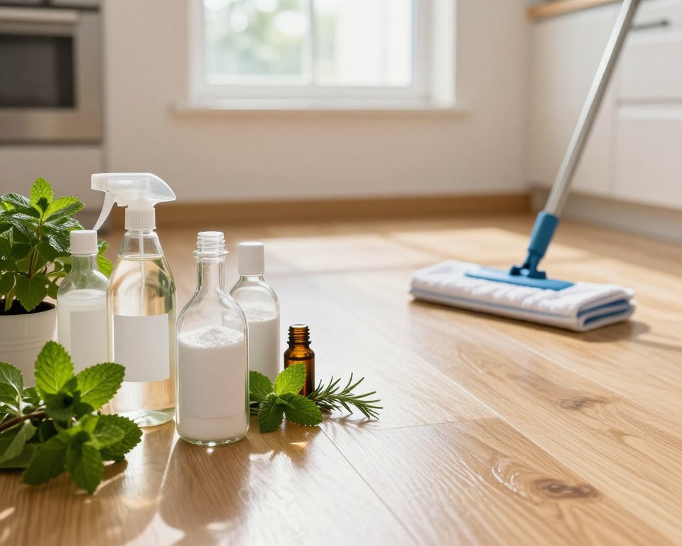 A serene kitchen environment showcasing an array of non-toxic floor cleaning options. In the foreground, there are several clear glass bottles labeled with natural ingredients like vinegar, baking soda, and essential oils, all surrounded by fresh green herbs, like mint and rosemary. In the middle ground, a wooden floor gleams softly, highlighting the clean, polished surface, with a microfiber mop resting nearby. In the background, a sunny window allows warm, natural light to filter in, casting gentle shadows that create a calm and inviting atmosphere. The overall mood is fresh and clean, emphasizing a safe and eco-friendly approach to floor maintenance, ideal for homes with children and pets. A serene kitchen environment showcasing an array of non-toxic floor cleaning options. In the foreground, there are several clear glass bottles labeled with natural ingredients like vinegar, baking soda, and essential oils, all surrounded by fresh green herbs, like mint and rosemary. In the middle ground, a wooden floor gleams softly, highlighting the clean, polished surface, with a microfiber mop resting nearby. In the background, a sunny window allows warm, natural light to filter in, casting gentle shadows that create a calm and inviting atmosphere. The overall mood is fresh and clean, emphasizing a safe and eco-friendly approach to floor maintenance, ideal for homes with children and pets.