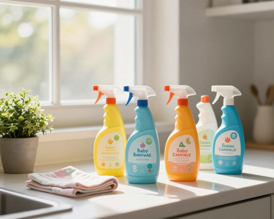 A serene kitchen setting featuring a collection of baby-safe cleaning products on a countertop. The foreground includes neatly arranged, brightly colored bottles with child-friendly labeling, showcasing natural ingredients, free from harmful chemicals. The middle section highlights a soft pastel dishcloth and a small potted plant, emphasizing a clean and eco-friendly ambiance. In the background, sunlight streams through a window, creating a warm and inviting atmosphere that enhances the cleanliness of the space. The lighting is soft and natural, capturing the essence of a safe and nurturing environment for families. The overall mood is cheerful and reassuring, emphasizing the benefits of using baby-safe cleaning products in a home with young children. A serene kitchen setting featuring a collection of baby-safe cleaning products on a countertop. The foreground includes neatly arranged, brightly colored bottles with child-friendly labeling, showcasing natural ingredients, free from harmful chemicals. The middle section highlights a soft pastel dishcloth and a small potted plant, emphasizing a clean and eco-friendly ambiance. In the background, sunlight streams through a window, creating a warm and inviting atmosphere that enhances the cleanliness of the space. The lighting is soft and natural, capturing the essence of a safe and nurturing environment for families. The overall mood is cheerful and reassuring, emphasizing the benefits of using baby-safe cleaning products in a home with young children.