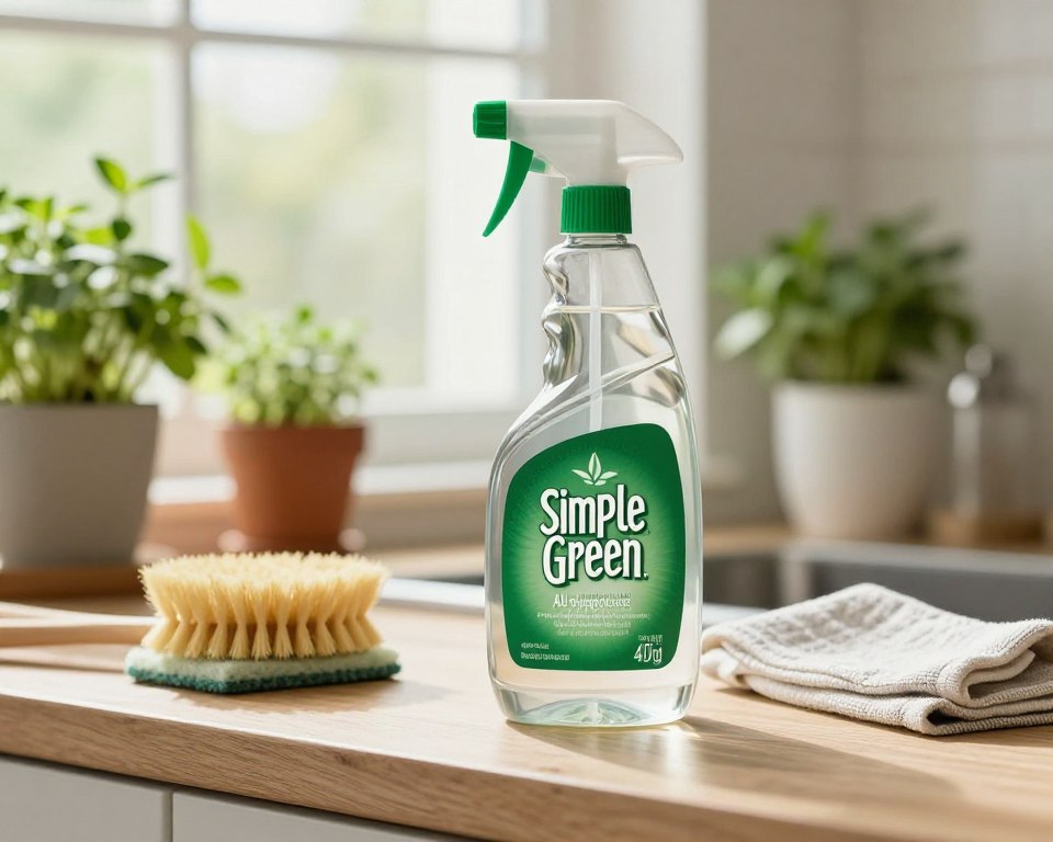A serene kitchen setting with a bottle of Simple Green All-Purpose Cleaner prominently featured in the foreground. The honest pressure of light illuminates the cleaner, highlighting its green label and clear liquid, suggesting safety and cleanliness. In the middle, include a countertop with various natural cleaning tools like a scrub brush and cloth, showcasing an eco-friendly cleaning vibe. The background displays fresh herbs in pots and softly blurred windows allowing gentle daylight to filter in, contributing to a calm and safe atmosphere. The overall mood should reflect health consciousness and a focus on non-toxic living, inviting viewers to consider the implications of using chemical cleaners in their homes. A serene kitchen setting with a bottle of Simple Green All-Purpose Cleaner prominently featured in the foreground. The honest pressure of light illuminates the cleaner, highlighting its green label and clear liquid, suggesting safety and cleanliness. In the middle, include a countertop with various natural cleaning tools like a scrub brush and cloth, showcasing an eco-friendly cleaning vibe. The background displays fresh herbs in pots and softly blurred windows allowing gentle daylight to filter in, contributing to a calm and safe atmosphere. The overall mood should reflect health consciousness and a focus on non-toxic living, inviting viewers to consider the implications of using chemical cleaners in their homes.