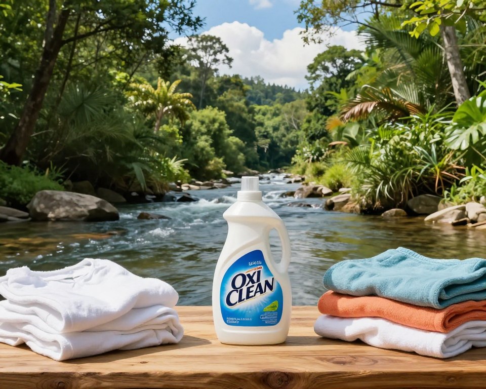 A serene landscape depicting the environmental impact of OxiClean, showcasing a vibrant, clean river flowing through a lush green forest. In the foreground, a bottle of OxiClean rests on a natural wooden table, surrounded by fresh laundry items like folded whites and colorful fabrics. The middle ground features diverse flora and fauna, highlighting the coexistence of nature and household cleaning products. In the background, a bright blue sky with fluffy white clouds accentuates the scene. Soft, natural lighting creates a warm and inviting atmosphere, capturing the essence of eco-friendliness. The angle is slightly elevated, allowing for a sweeping view of the surroundings, emphasizing sustainability and the safe use of cleaning products in harmony with the environment. A serene landscape depicting the environmental impact of OxiClean, showcasing a vibrant, clean river flowing through a lush green forest. In the foreground, a bottle of OxiClean rests on a natural wooden table, surrounded by fresh laundry items like folded whites and colorful fabrics. The middle ground features diverse flora and fauna, highlighting the coexistence of nature and household cleaning products. In the background, a bright blue sky with fluffy white clouds accentuates the scene. Soft, natural lighting creates a warm and inviting atmosphere, capturing the essence of eco-friendliness. The angle is slightly elevated, allowing for a sweeping view of the surroundings, emphasizing sustainability and the safe use of cleaning products in harmony with the environment.
