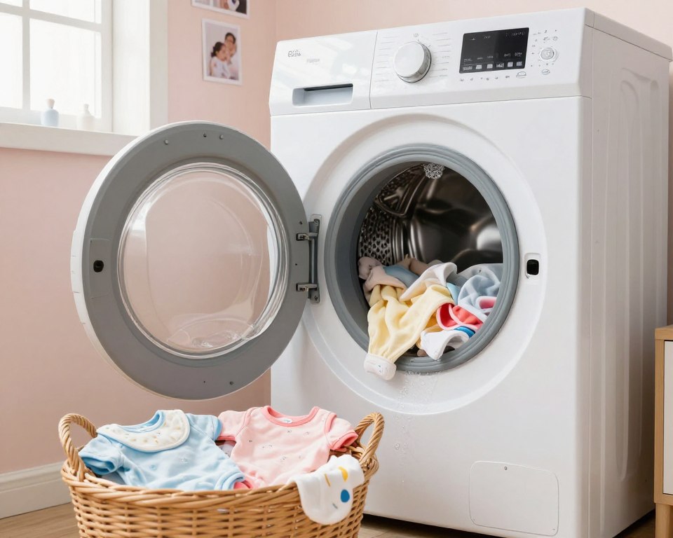 A serene laundry room scene depicting baby clothes being washed effectively. In the foreground, a soft pile of colorful baby garments—onesies, bibs, and small socks—sitting neatly in a wicker basket. In the middle, a modern washing machine with an open door, showcasing the clothes ready to be washed, surrounded by gentle bubbles. The background features soft pastel walls adorned with family photos and baby-related decor, creating a warm and inviting atmosphere. Soft, natural light filters through a nearby window, casting a gentle glow on the scene. The overall mood is calm and reassuring, emphasizing cleanliness and care in washing baby clothes, with a focus on best practices for their maintenance. A serene laundry room scene depicting baby clothes being washed effectively. In the foreground, a soft pile of colorful baby garments—onesies, bibs, and small socks—sitting neatly in a wicker basket. In the middle, a modern washing machine with an open door, showcasing the clothes ready to be washed, surrounded by gentle bubbles. The background features soft pastel walls adorned with family photos and baby-related decor, creating a warm and inviting atmosphere. Soft, natural light filters through a nearby window, casting a gentle glow on the scene. The overall mood is calm and reassuring, emphasizing cleanliness and care in washing baby clothes, with a focus on best practices for their maintenance.