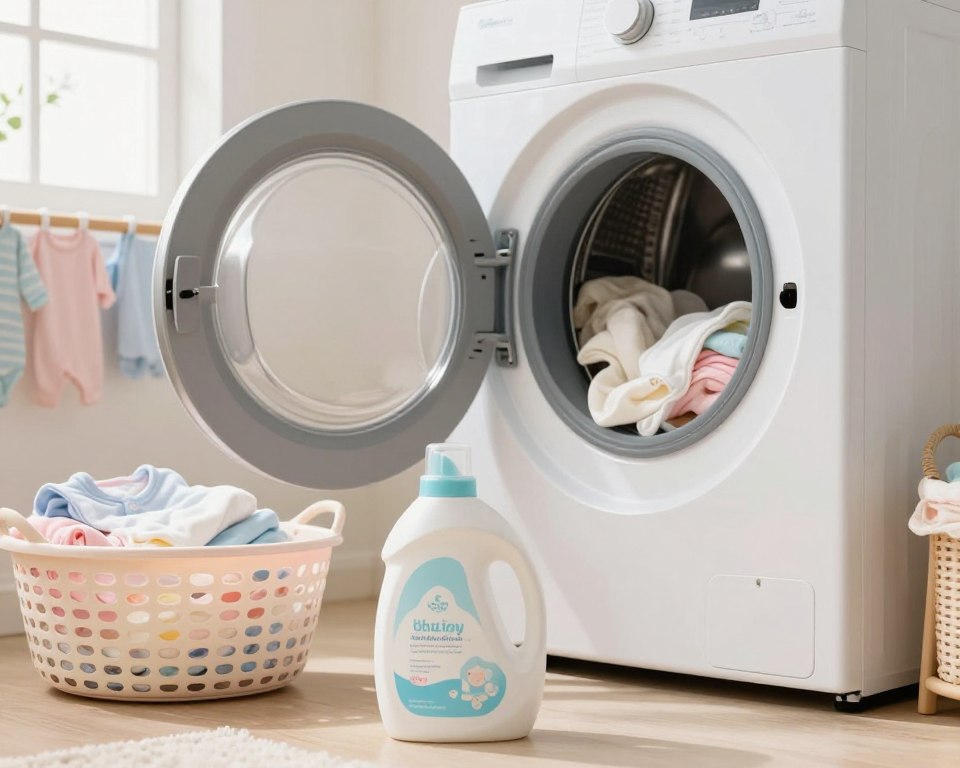 A serene laundry room scene featuring a soft, pastel-themed space with baby clothes neatly arranged in a colorful basket. In the foreground, a bottle of gentle baby-safe laundry detergent sits beside a typical bottle of regular laundry detergent, both prominently displayed. The middle ground showcases a washing machine with its door open, revealing a load of light fabric baby onesies and small blankets ready to be washed. Soft, natural light filters in through a nearby window, creating a warm and inviting atmosphere. The background features subtle hints of fresh, clean laundry hanging on a wooden rack, enhancing the feeling of cleanliness and safety. The overall mood is calm, reassuring, and informative, aimed at parents concerned about laundry safety for their babies. A serene laundry room scene featuring a soft, pastel-themed space with baby clothes neatly arranged in a colorful basket. In the foreground, a bottle of gentle baby-safe laundry detergent sits beside a typical bottle of regular laundry detergent, both prominently displayed. The middle ground showcases a washing machine with its door open, revealing a load of light fabric baby onesies and small blankets ready to be washed. Soft, natural light filters in through a nearby window, creating a warm and inviting atmosphere. The background features subtle hints of fresh, clean laundry hanging on a wooden rack, enhancing the feeling of cleanliness and safety. The overall mood is calm, reassuring, and informative, aimed at parents concerned about laundry safety for their babies.