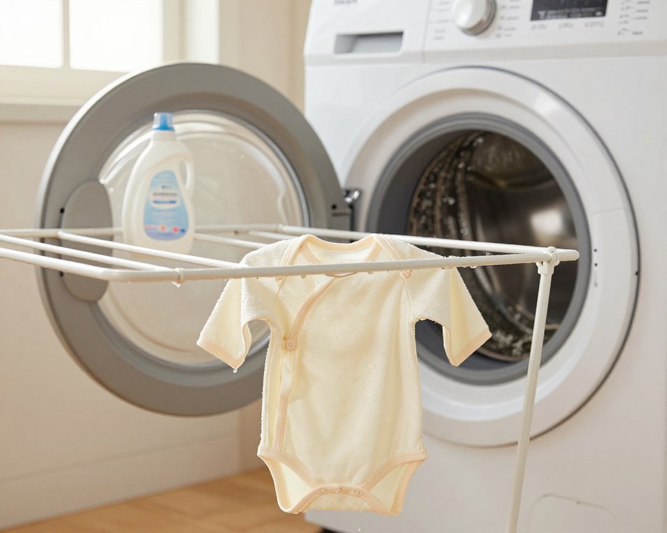 A serene laundry room scene showcasing the importance of rinsing baby clothes against the backdrop of hard water effects. In the foreground, a soft, pastel-colored baby onesie hangs on a cute drying rack, droplets of water glistening on it, symbolizing an extra rinse. In the middle, a washing machine with a glass door displays water with noticeable mineral deposits, while beside it, a bottle of gentle detergent is waiting for use. The background features a sunlit window, emanating soft, warm light that highlights the textures of the fabric and water. The overall mood is calm and informative, ideal for illustrating the impact of water hardness on laundry rinsing. The angle should be slightly elevated, focusing on the gentle details and inviting atmosphere.