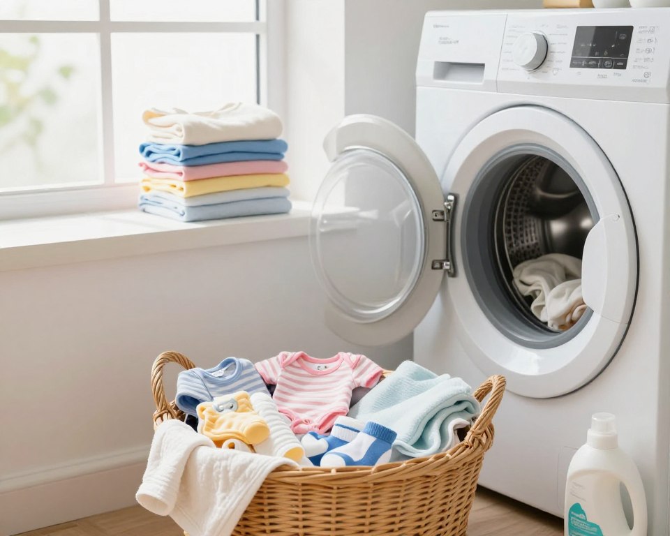 A serene laundry room setting featuring a neatly organized space dedicated to washing baby clothes. In the foreground, a wicker basket brimming with colorful baby garments—onesies, tiny socks, and soft blankets—awaits washing. Display a modern washing machine with a gentle cycle setting visible, and a bottle of hypoallergenic laundry detergent beside it. In the middle ground, an inviting, neatly folded stack of freshly laundered clothes can be seen, highlighting the importance of care in baby laundry. The background features a bright window allowing soft, natural light to illuminate the scene, creating a warm, comforting atmosphere. The angle should be slightly above eye level, giving a clear view of the laundry process while ensuring the room feels spacious and organized, conveying a sense of safety and cleanliness.
