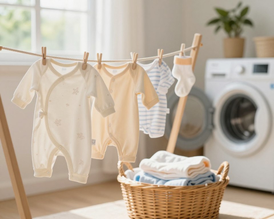 A serene laundry room with natural light streaming through a window, highlighting a variety of freshly washed baby clothes gently hanging to dry. In the foreground, delicate pastel-colored onesies and tiny socks are suspended on a wooden drying rack, showcasing their soft textures. In the middle, a wicker basket is filled with neatly folded, clean baby garments, emphasizing their freshness and care. The background features a soothing, softly blurred view of a laundry area with a washing machine and gentle greenery visible outside the window, creating a warm and inviting atmosphere. The image should have a calm and nurturing feel, enhancing the sense of tenderness associated with baby clothing care. Aim for a soft focus effect with warm lighting to evoke comfort and safety.